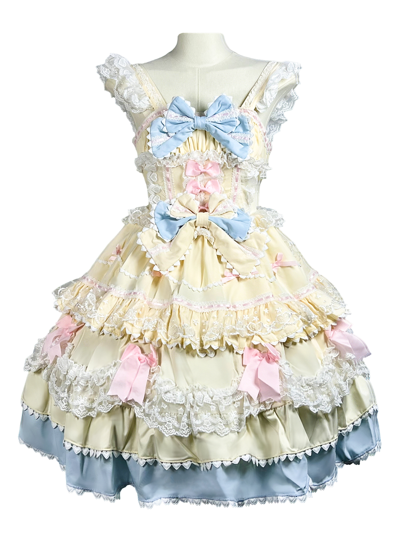 Cream Sweet Lolita dress with blue and pink bows, lace ruffles, and tiered skirt on a mannequin.
