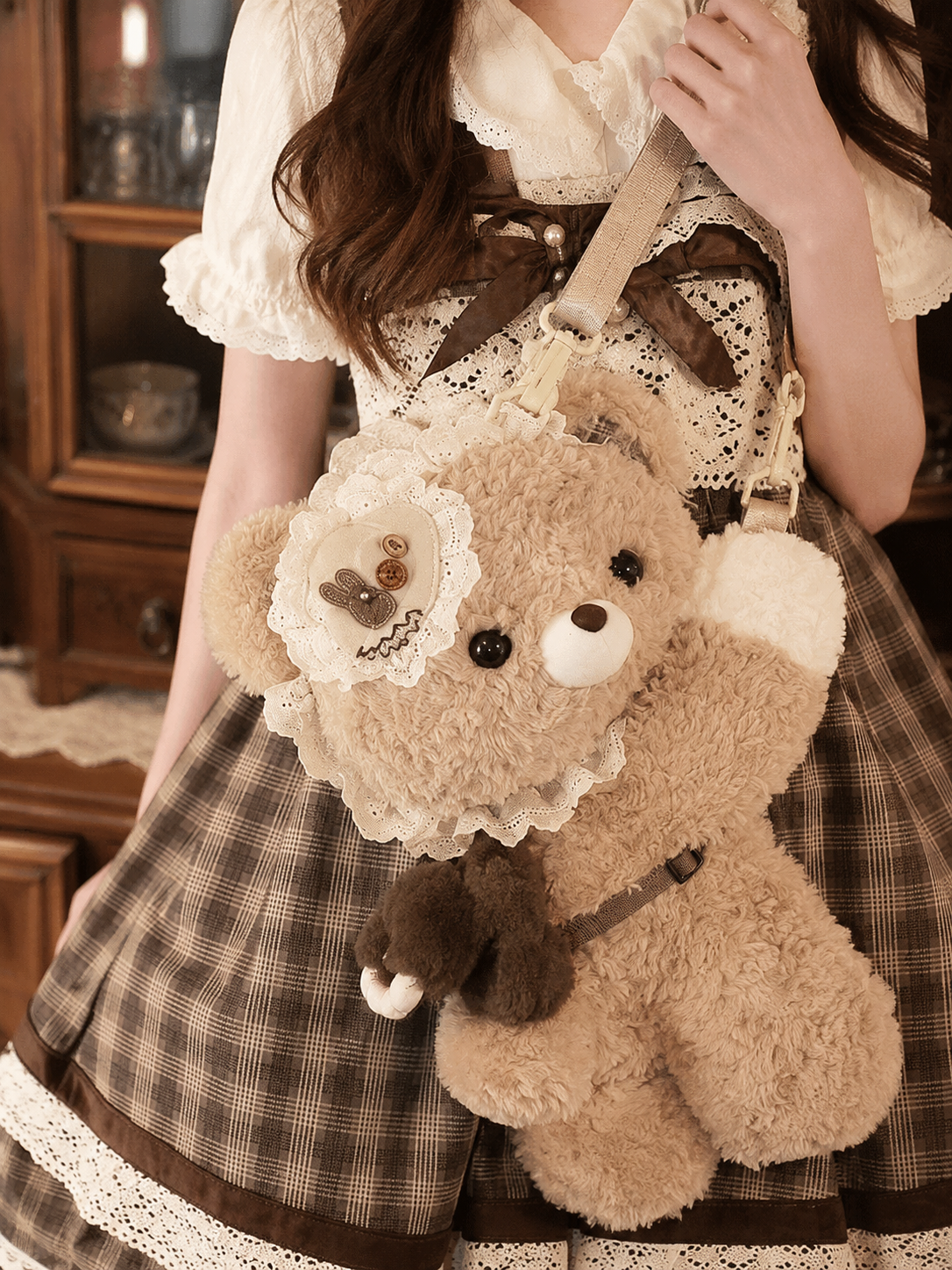 Brown Bear Plush Lolita Shoulder Bag | Model Styling View | Aurora Lolita Brown Bear Plush Lolita Shoulder Bag - model styling view for sweet kawaii classic Lolita outfit