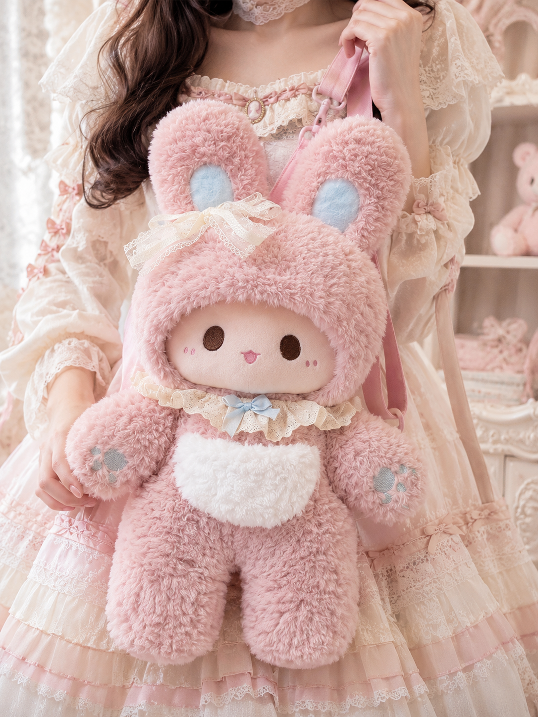 Pink Bunny Plush Lolita Shoulder Bag - model styling view for sweet kawaii pink Lolita outfit