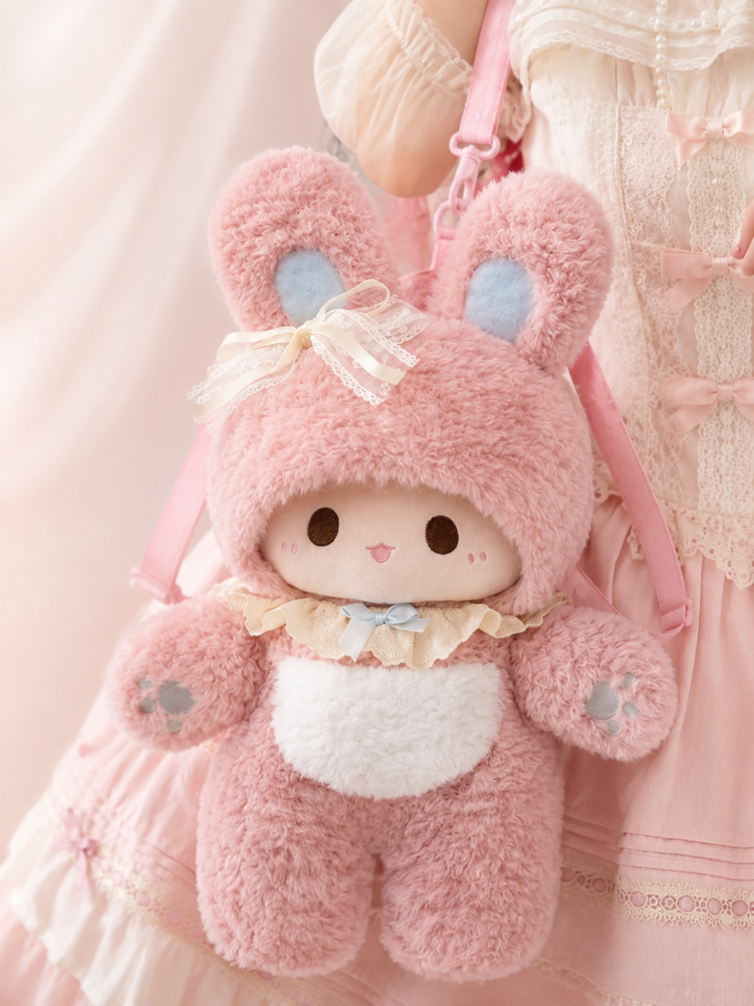 Pink Bunny Plush Lolita Shoulder Bag | Side Or Worn Angle | Aurora Lolita Pink Bunny Plush Lolita Shoulder Bag - side or worn angle for sweet kawaii pink Lolita outfit