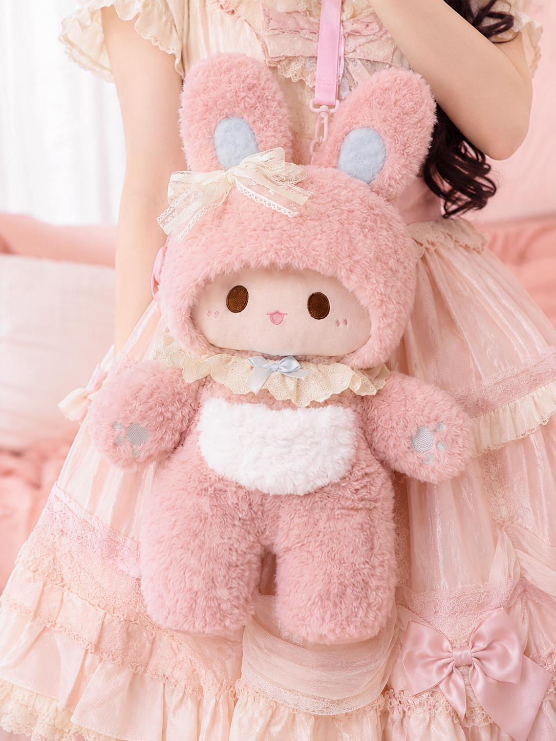 Pink Bunny Plush Lolita Shoulder Bag | Trim And Texture Close-Up | Aurora Lolita Pink Bunny Plush Lolita Shoulder Bag - trim and texture close-up for sweet kawaii pink Lolita outfit