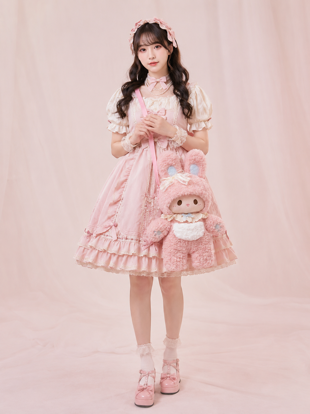 Pink Bunny Plush Lolita Shoulder Bag | Front Detail View | Aurora Lolita Pink Bunny Plush Lolita Shoulder Bag - front detail view for sweet kawaii pink Lolita outfit