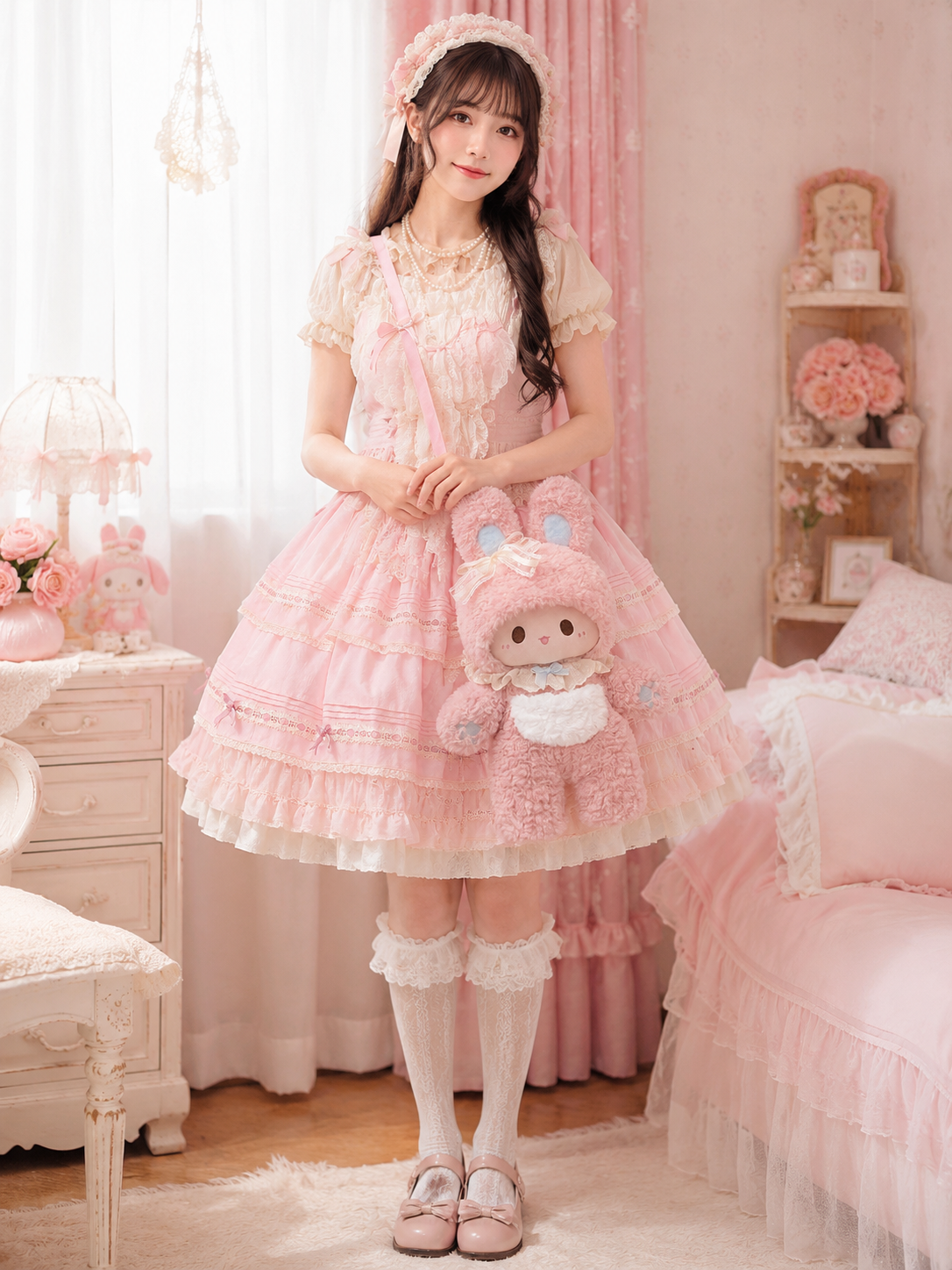 Pink Bunny Plush Lolita Shoulder Bag | Coord Lifestyle View | Aurora Lolita Pink Bunny Plush Lolita Shoulder Bag - coord lifestyle view for sweet kawaii pink Lolita outfit