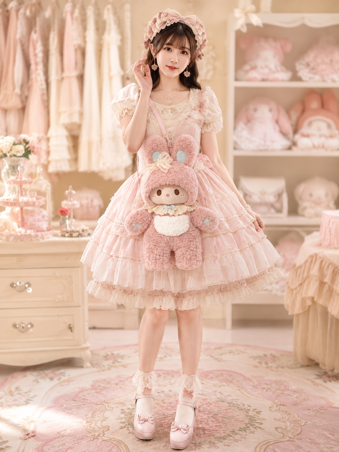 Pink Bunny Plush Lolita Shoulder Bag | Alternate Angle | Aurora Lolita Pink Bunny Plush Lolita Shoulder Bag - alternate angle for sweet kawaii pink Lolita outfit