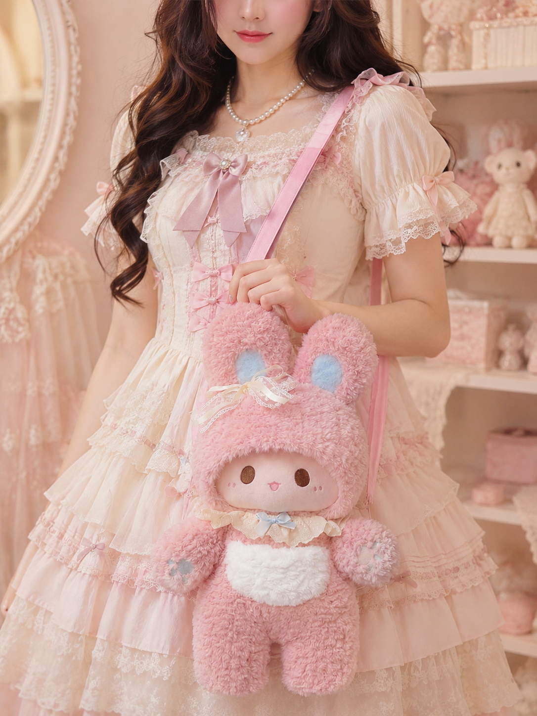 Pink Bunny Plush Lolita Shoulder Bag | Additional Detail | Aurora Lolita Pink Bunny Plush Lolita Shoulder Bag - additional detail for sweet kawaii pink Lolita outfit