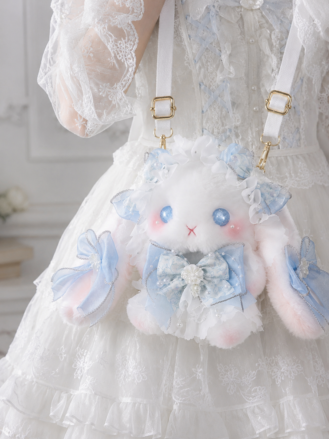 Ivory Blue Bow Plush Lolita Shoulder Bag | Back Or Silhouette View | Aurora Lolita Ivory Blue Bow Plush Lolita Shoulder Bag - back or silhouette view for sweet ivory blue Lolita outfit