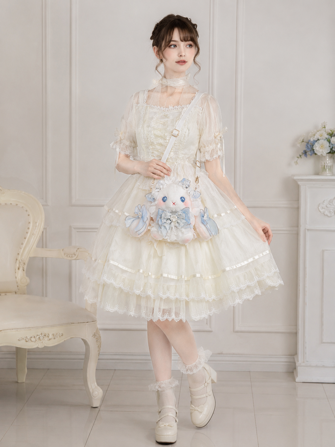 Ivory Blue Bow Plush Lolita Shoulder Bag | Front Detail View | Aurora Lolita Ivory Blue Bow Plush Lolita Shoulder Bag - front detail view for sweet ivory blue Lolita outfit