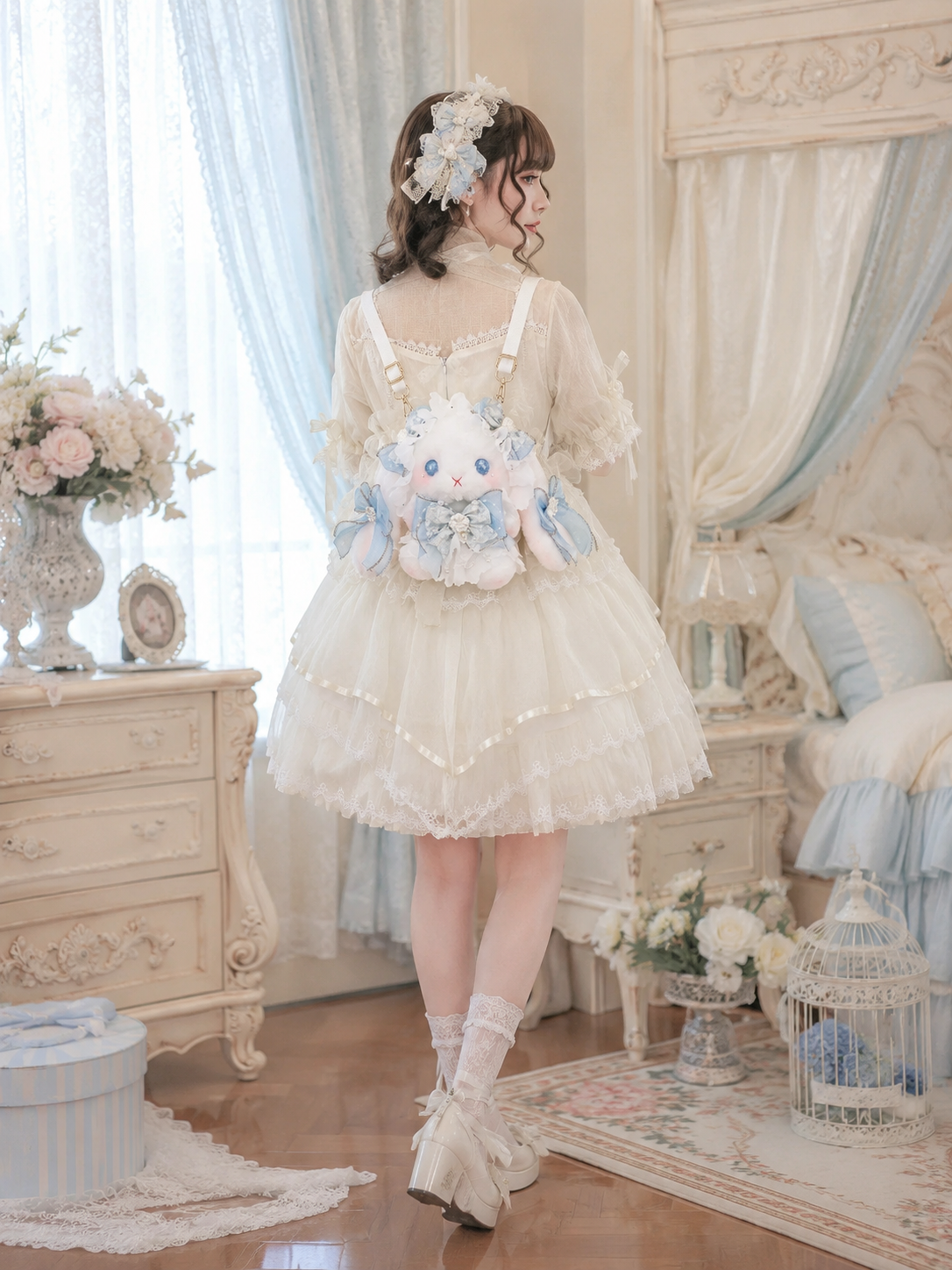 Ivory Blue Bow Plush Lolita Shoulder Bag | Side Or Worn Angle | Aurora Lolita Ivory Blue Bow Plush Lolita Shoulder Bag - side or worn angle for sweet ivory blue Lolita outfit