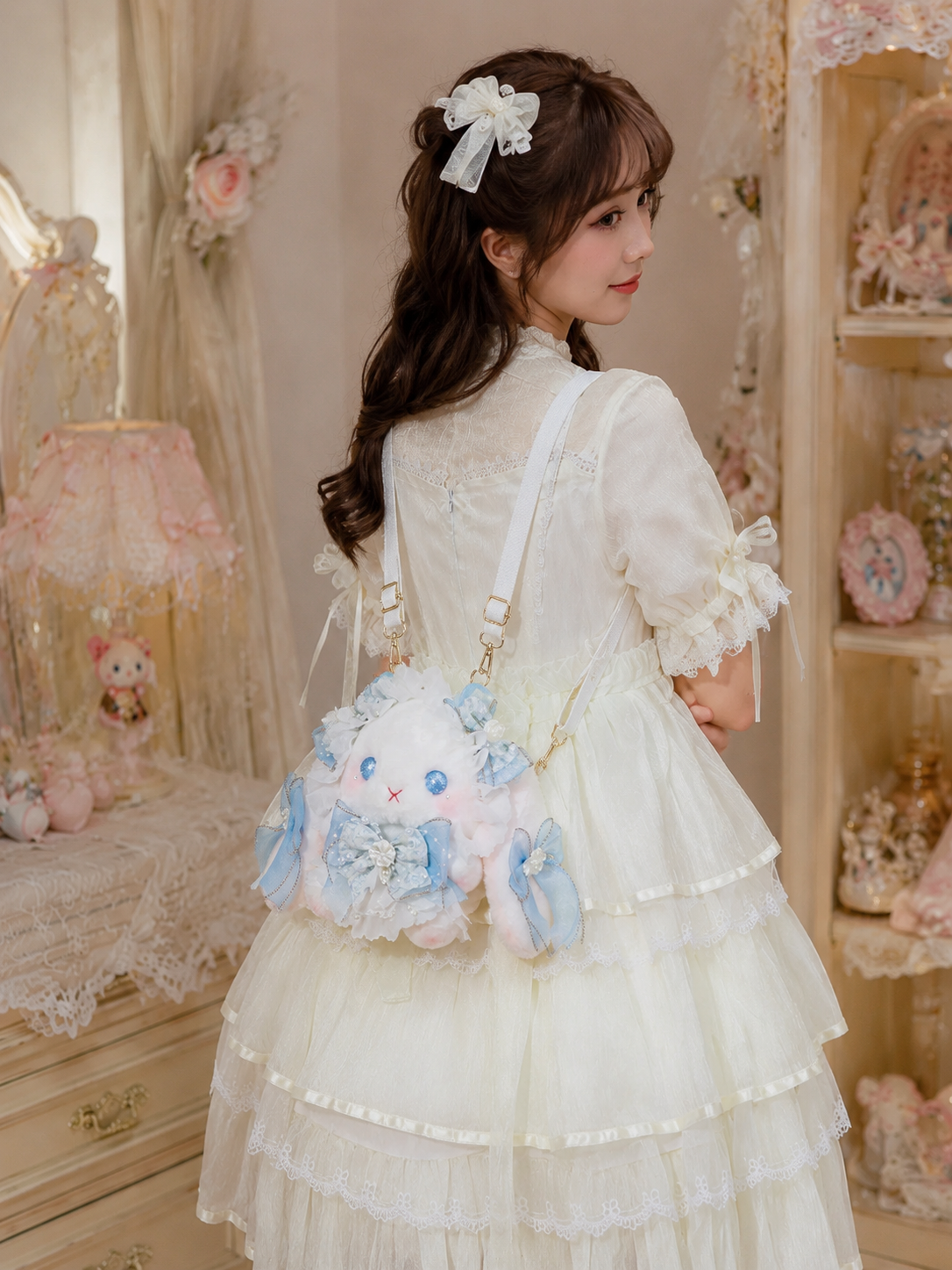 Ivory Blue Bow Plush Lolita Shoulder Bag | Main Product View | Aurora Lolita Ivory Blue Bow Plush Lolita Shoulder Bag - main product view for sweet ivory blue Lolita outfit