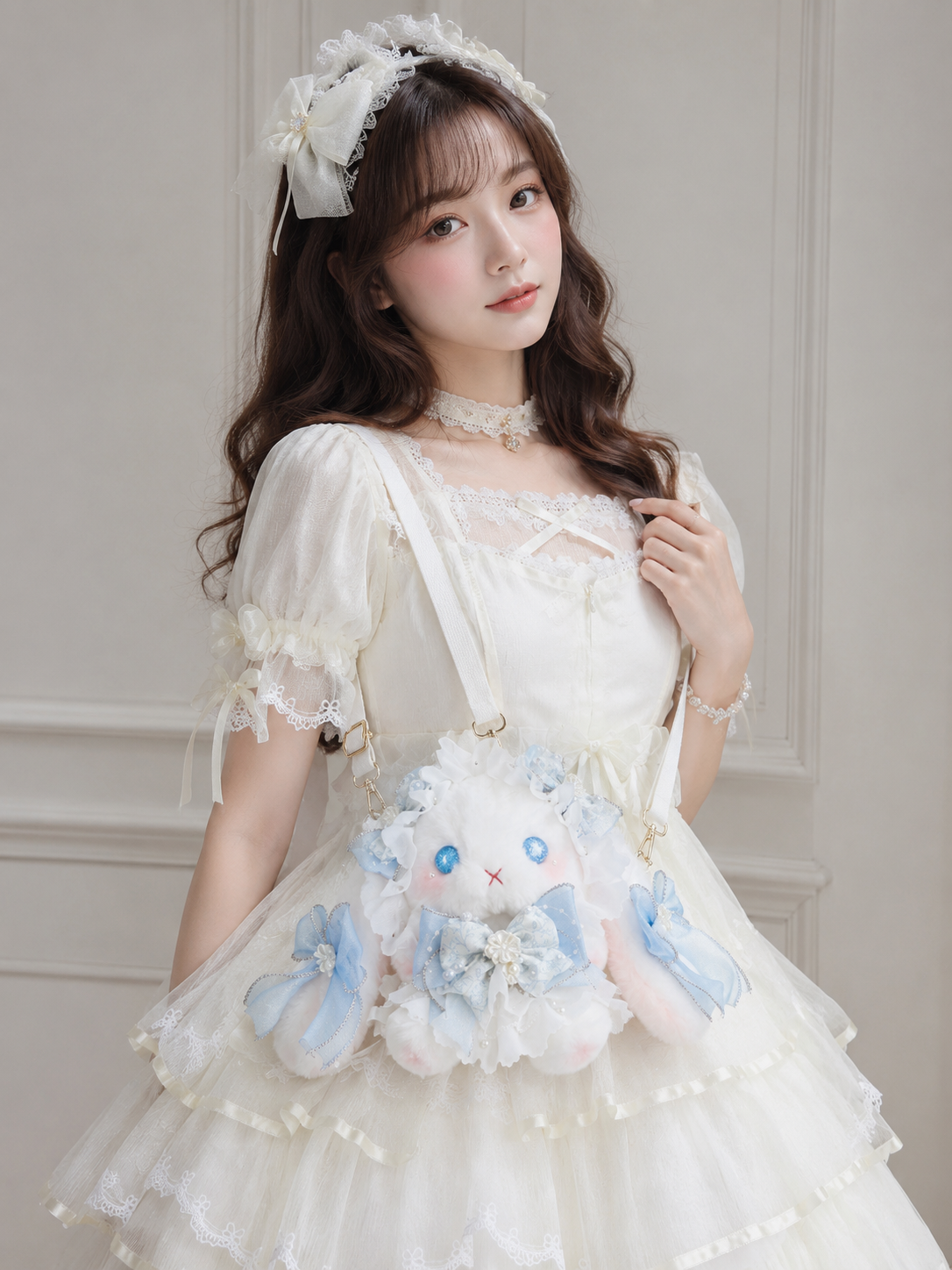 Ivory Blue Bow Plush Lolita Shoulder Bag | Scale And Wearing Reference | Aurora Lolita Ivory Blue Bow Plush Lolita Shoulder Bag - scale and wearing reference for sweet ivory blue Lolita outfit