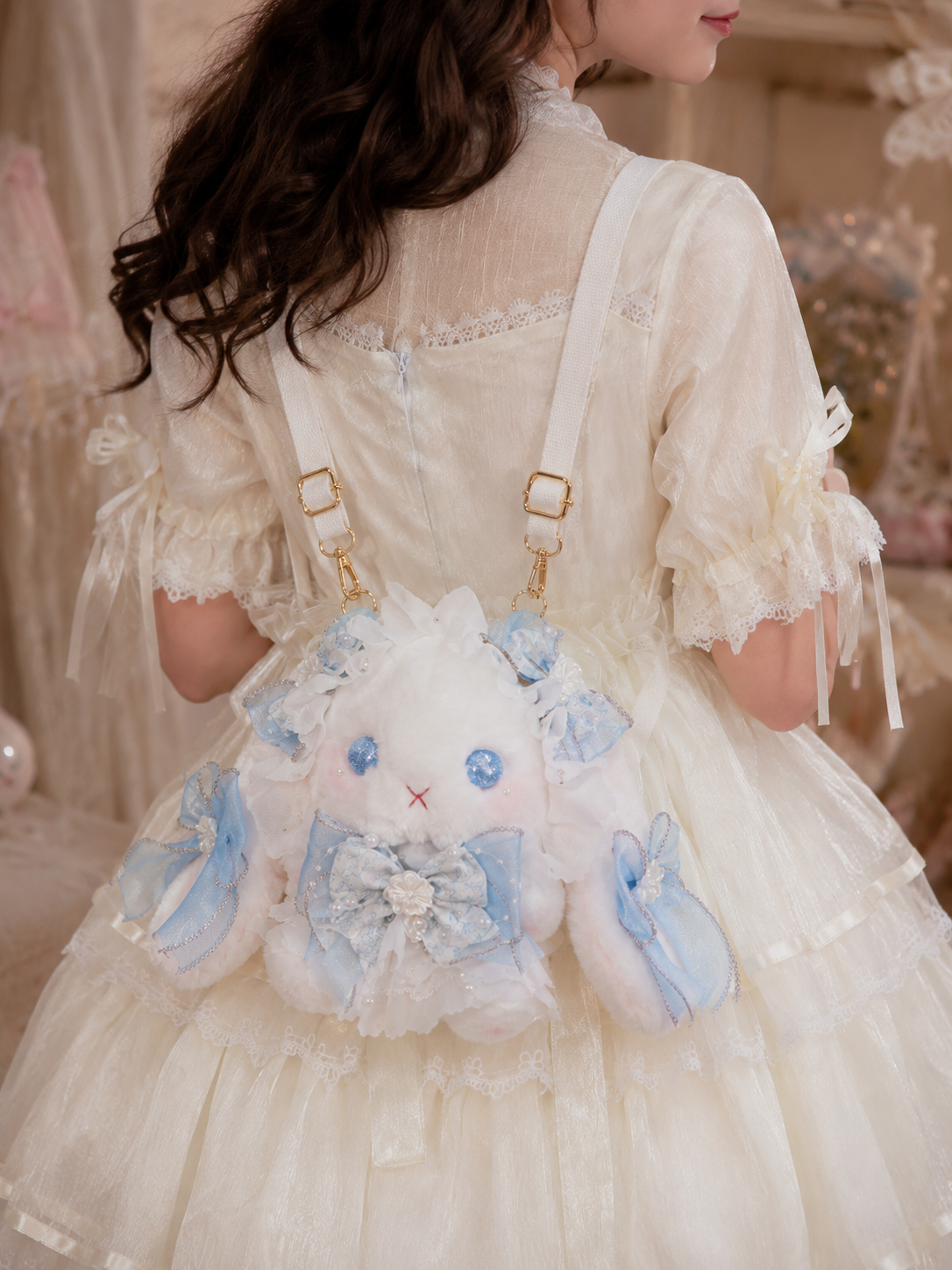 Ivory Blue Bow Plush Lolita Shoulder Bag | Alternate Angle | Aurora Lolita Ivory Blue Bow Plush Lolita Shoulder Bag - alternate angle for sweet ivory blue Lolita outfit