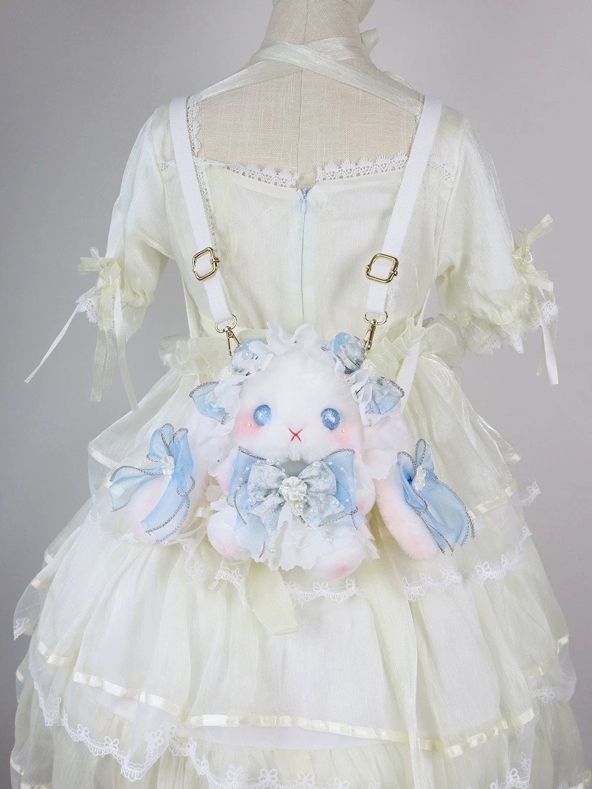 Ivory Blue Bow Plush Lolita Shoulder Bag | Coord Lifestyle View | Aurora Lolita Ivory Blue Bow Plush Lolita Shoulder Bag - coord lifestyle view for sweet ivory blue Lolita outfit
