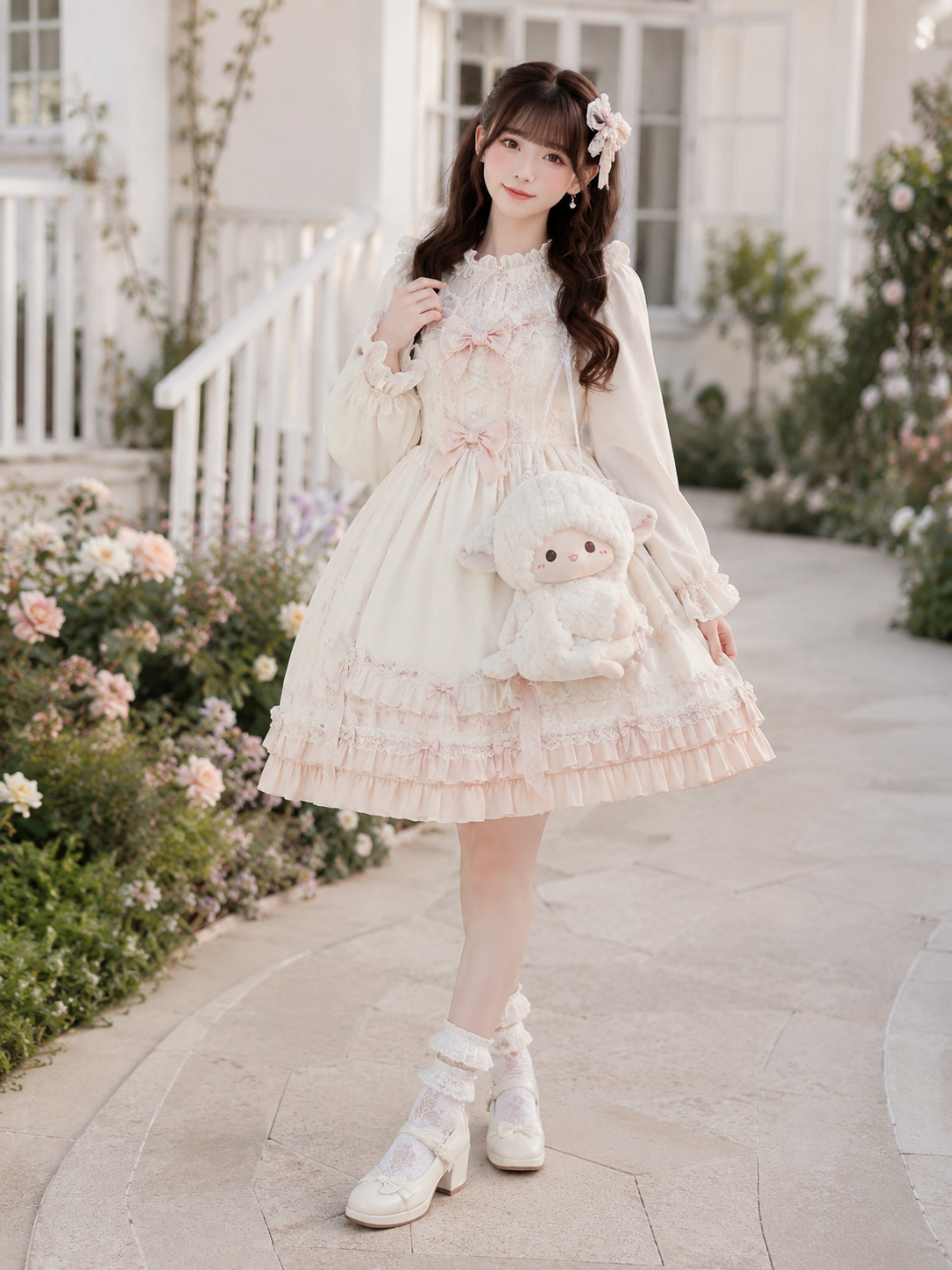 Cream Bunny Plush Lolita Crossbody Bag - model styling view for sweet cream bunny Lolita outfit