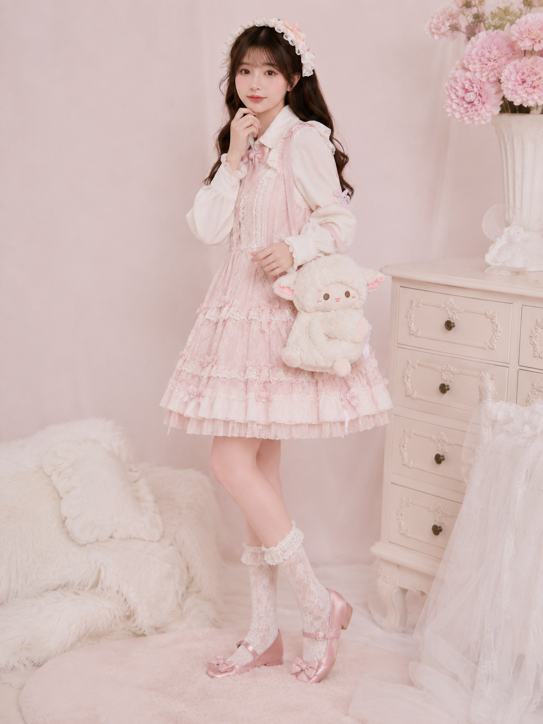 Cream Bunny Plush Lolita Crossbody Bag | Back Or Silhouette View | Aurora Lolita Cream Bunny Plush Lolita Crossbody Bag - back or silhouette view for sweet cream bunny Lolita outfit