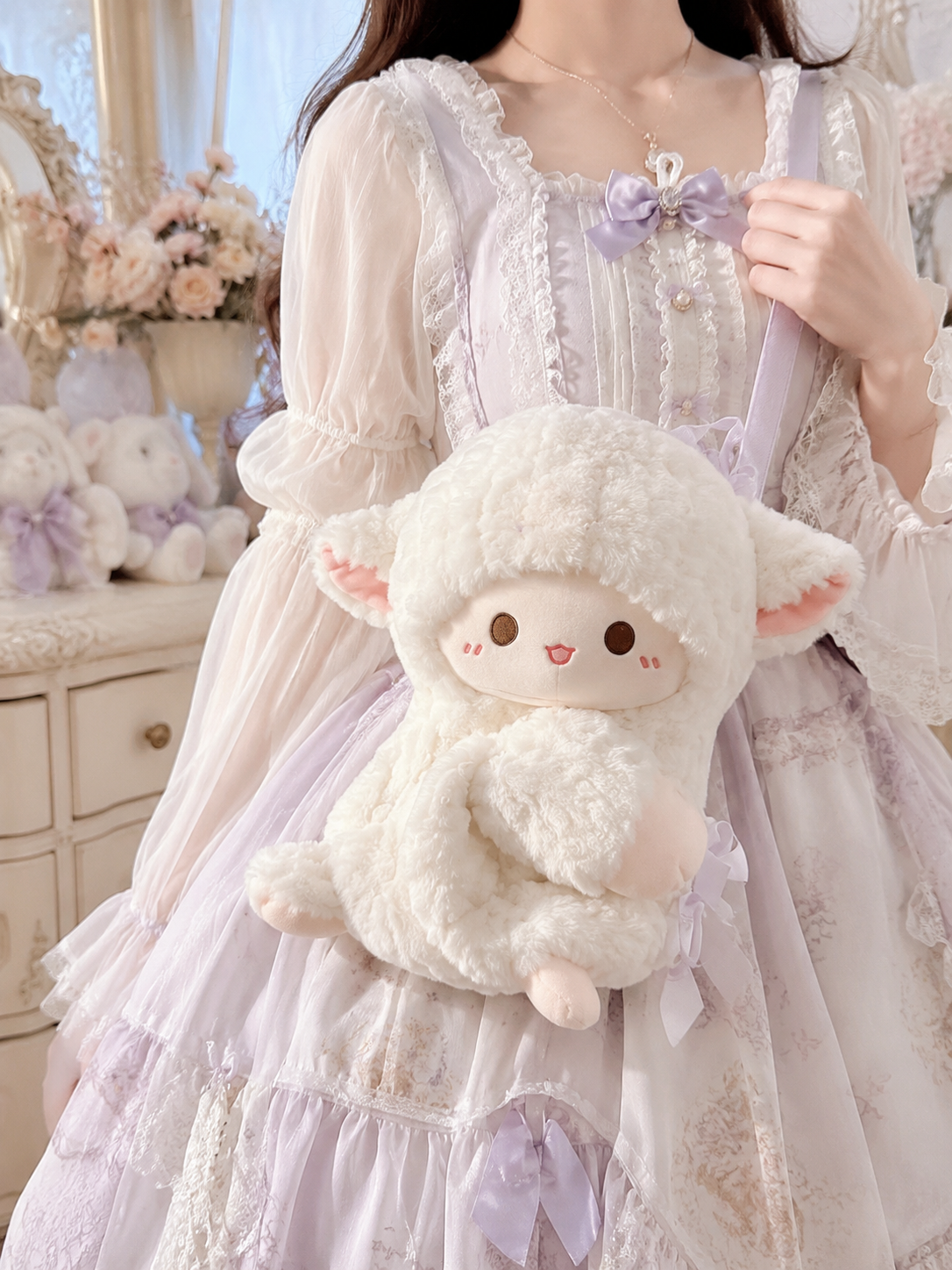 Cream Bunny Plush Lolita Crossbody Bag | Front Detail View | Aurora Lolita Cream Bunny Plush Lolita Crossbody Bag - front detail view for sweet cream bunny Lolita outfit