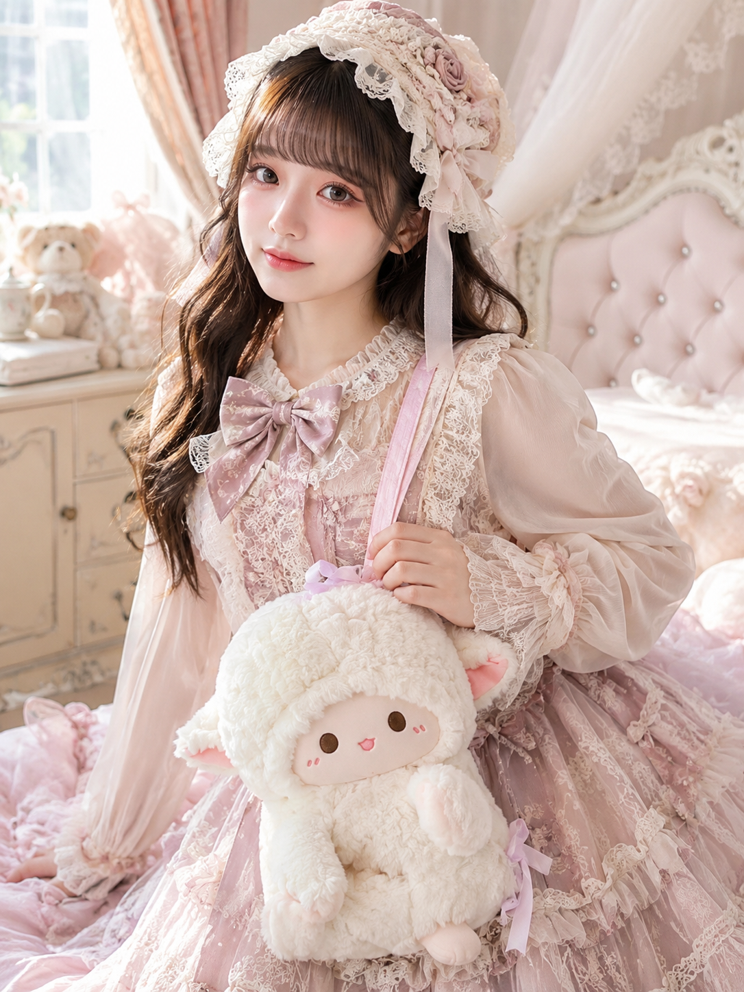 Cream Bunny Plush Lolita Crossbody Bag | Scale And Wearing Reference | Aurora Lolita Cream Bunny Plush Lolita Crossbody Bag - scale and wearing reference for sweet cream bunny Lolita outfit