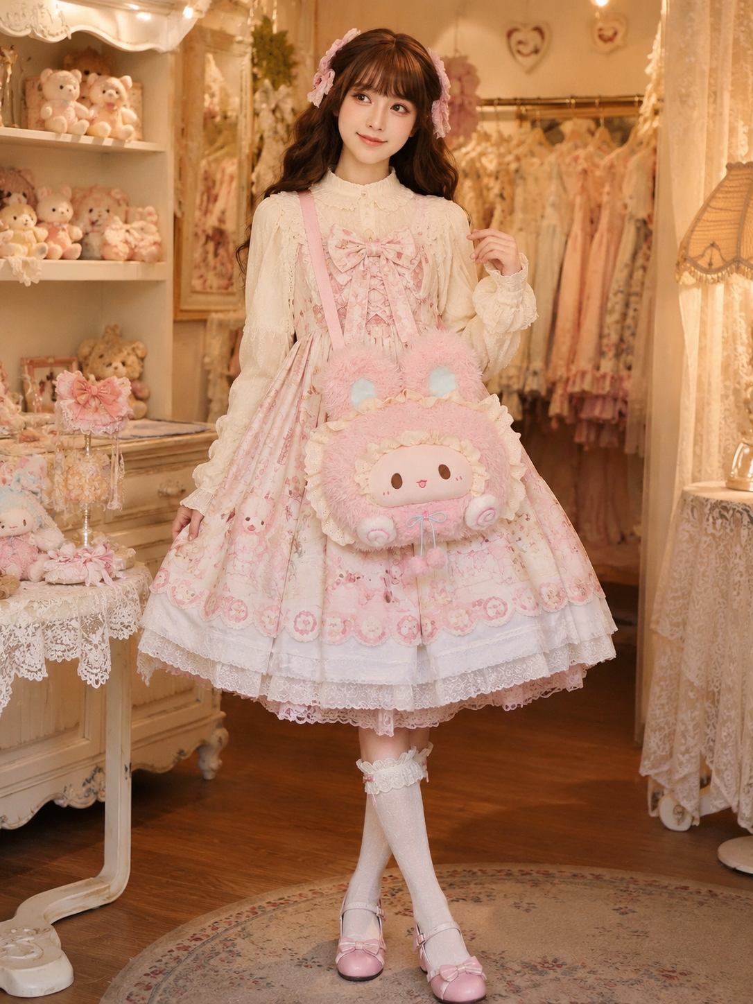 Pink Ribbon Bunny Plush Lolita Bag - trim and texture close-up for sweet pink bunny Lolita outfit