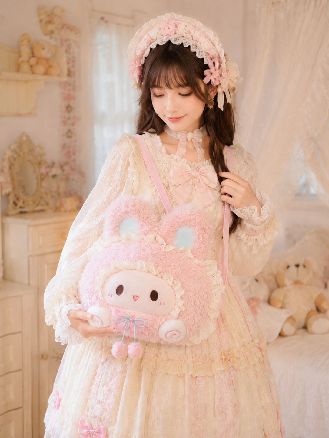 Pink Ribbon Bunny Plush Lolita Bag | Back Or Silhouette View | Aurora Lolita Pink Ribbon Bunny Plush Lolita Bag - back or silhouette view for sweet pink bunny Lolita outfit