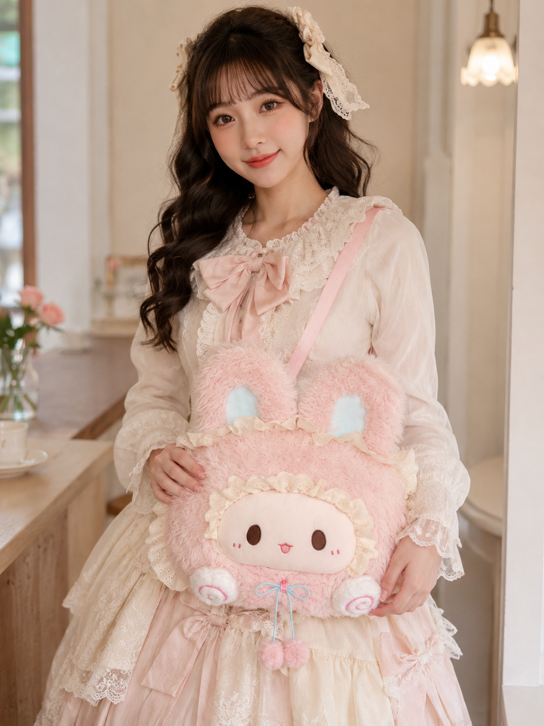 Pink Ribbon Bunny Plush Lolita Bag | Coord Lifestyle View | Aurora Lolita Pink Ribbon Bunny Plush Lolita Bag - coord lifestyle view for sweet pink bunny Lolita outfit