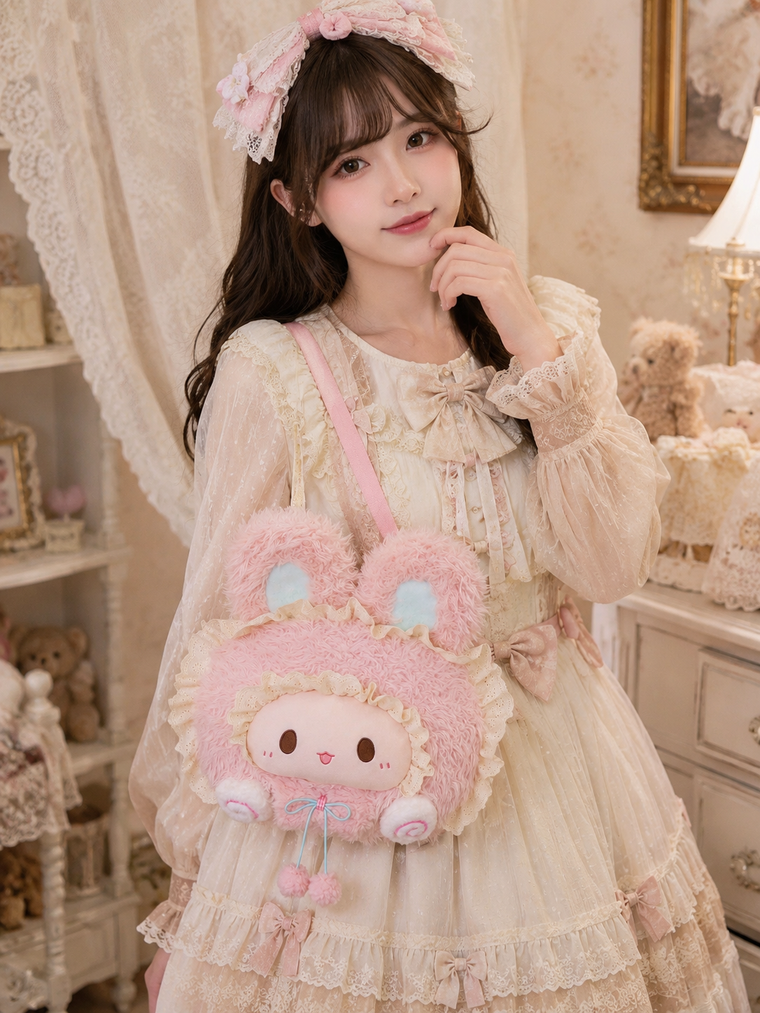 Pink Ribbon Bunny Plush Lolita Bag | Model Styling View | Aurora Lolita Pink Ribbon Bunny Plush Lolita Bag - model styling view for sweet pink bunny Lolita outfit