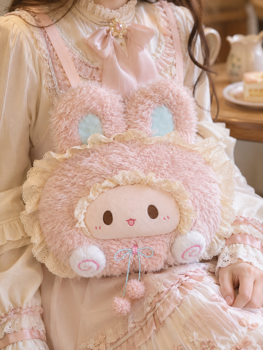Pink Ribbon Bunny Plush Lolita Bag | Front Detail View | Aurora Lolita Pink Ribbon Bunny Plush Lolita Bag - front detail view for sweet pink bunny Lolita outfit