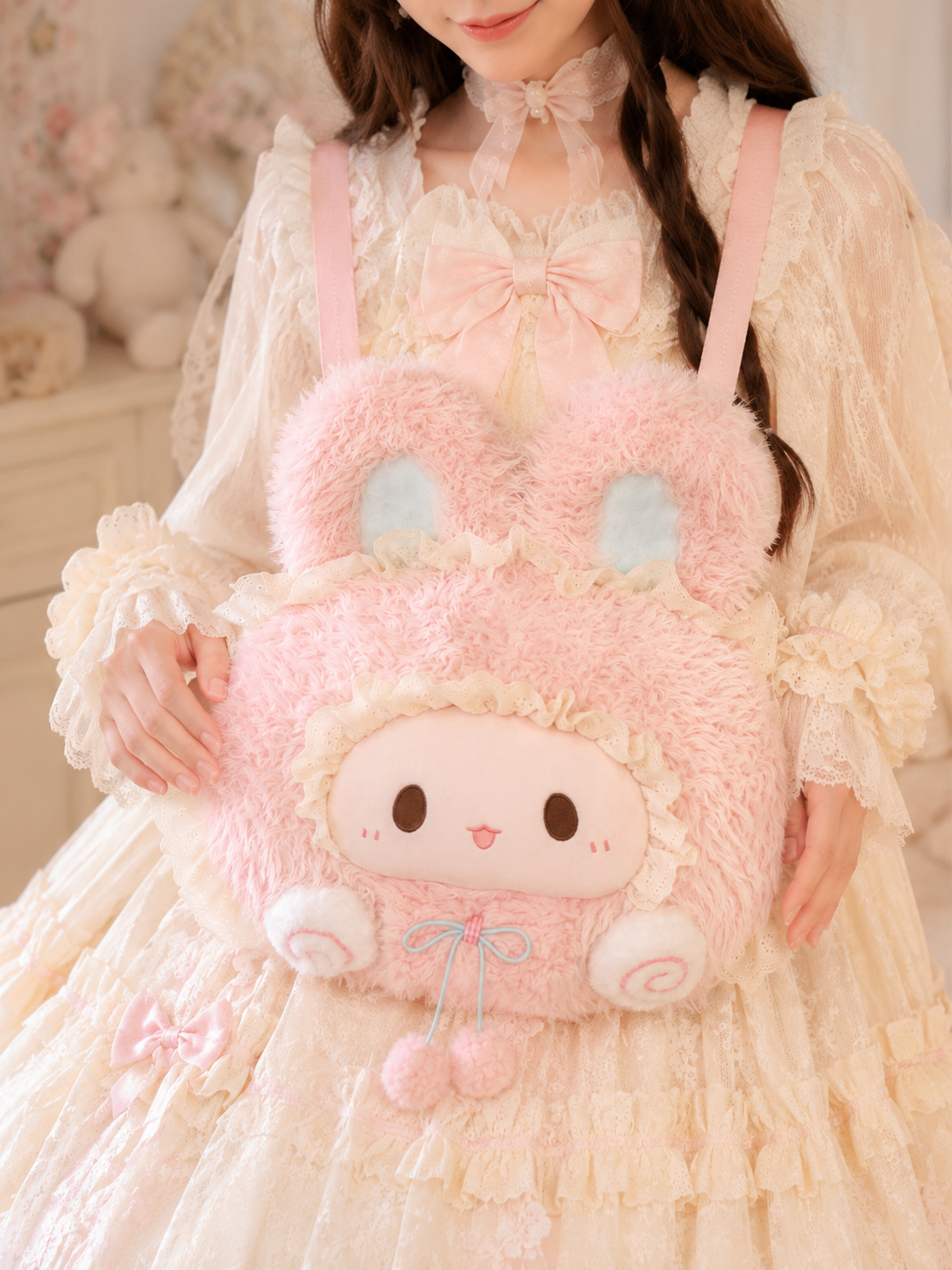 Pink Ribbon Bunny Plush Lolita Bag | Side Or Worn Angle | Aurora Lolita Pink Ribbon Bunny Plush Lolita Bag - side or worn angle for sweet pink bunny Lolita outfit