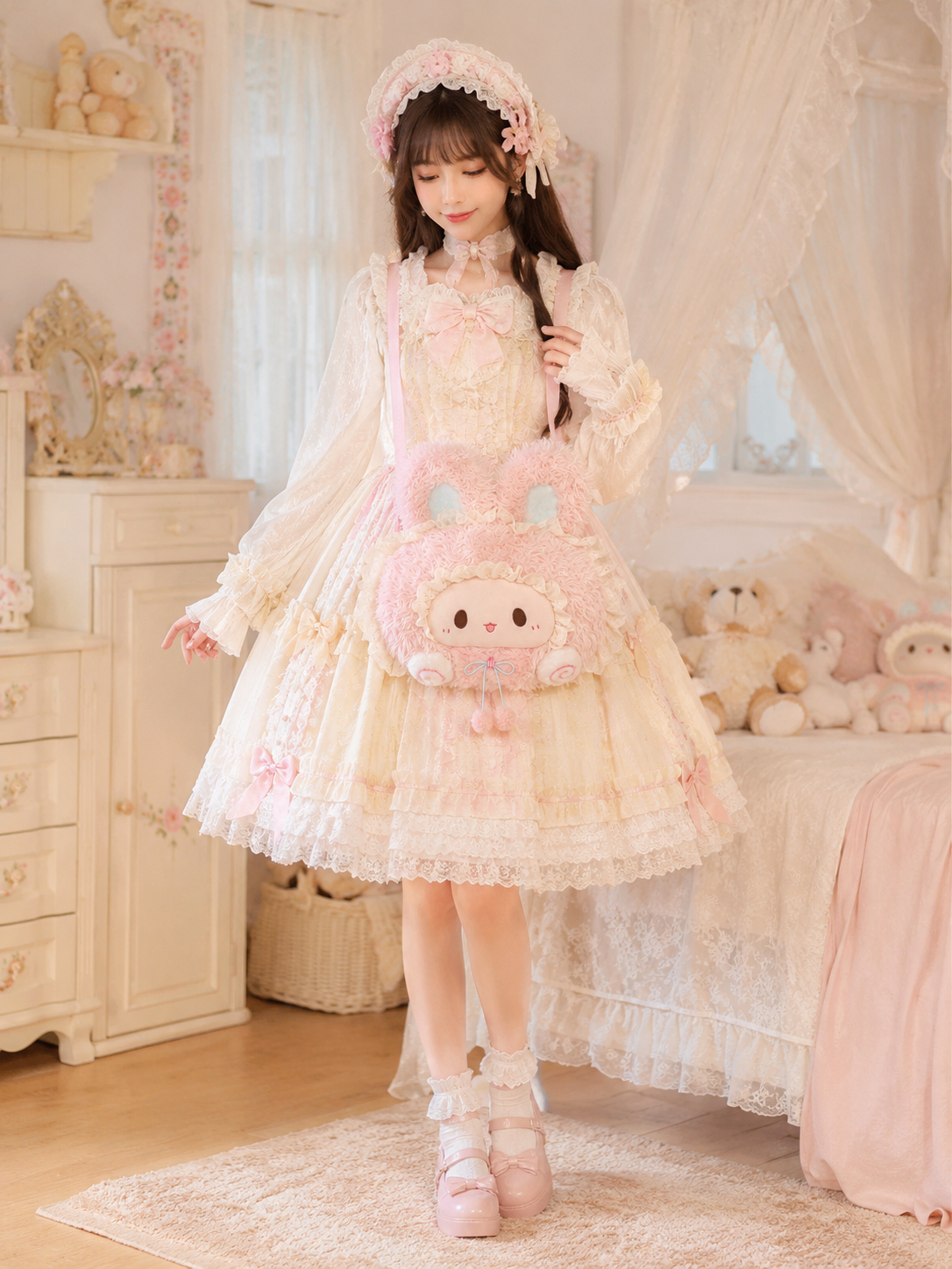 Pink Ribbon Bunny Plush Lolita Bag | Alternate Angle | Aurora Lolita Pink Ribbon Bunny Plush Lolita Bag - alternate angle for sweet pink bunny Lolita outfit