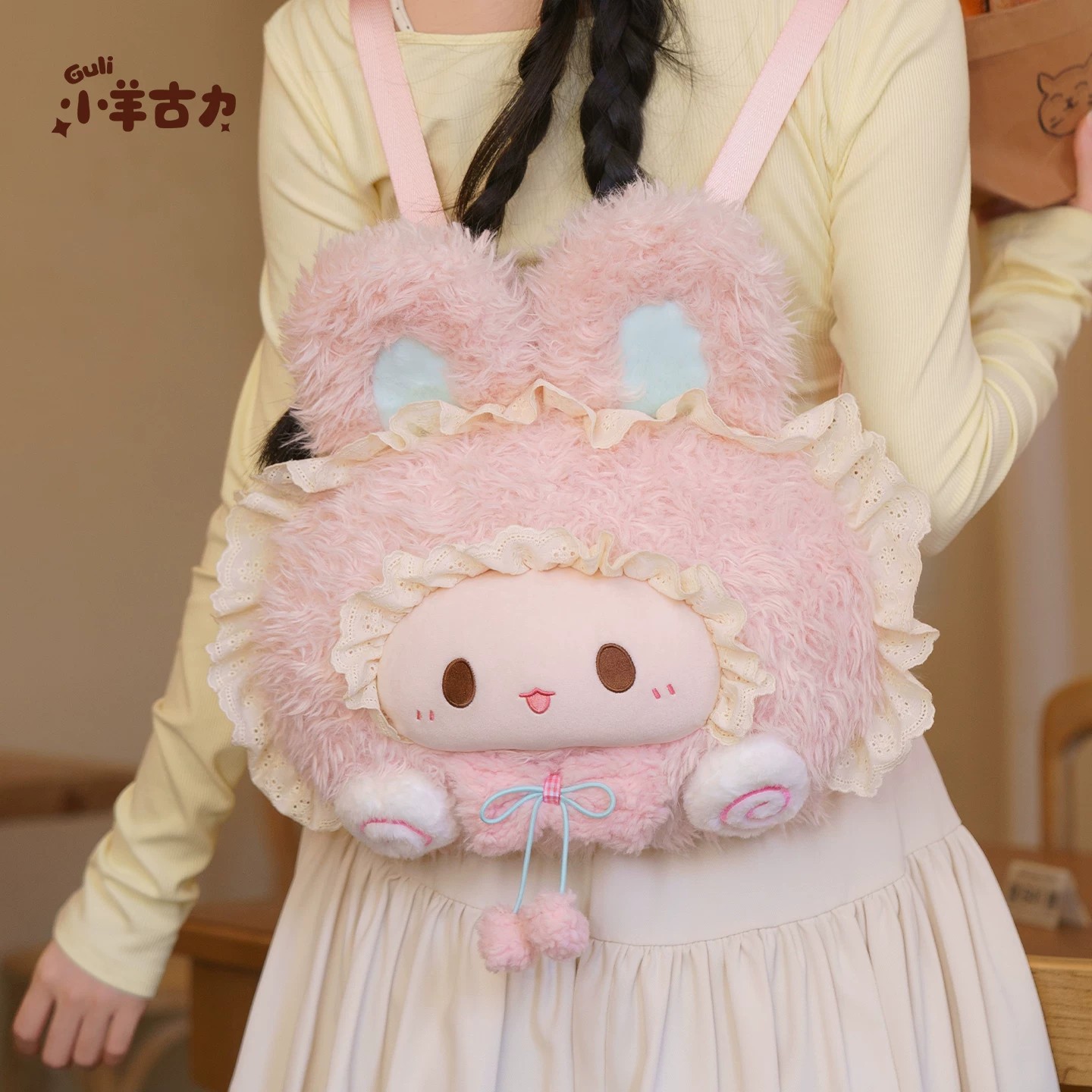 Pink Ribbon Bunny Plush Lolita Bag | Scale And Wearing Reference | Aurora Lolita Pink Ribbon Bunny Plush Lolita Bag - scale and wearing reference for sweet pink bunny Lolita outfit