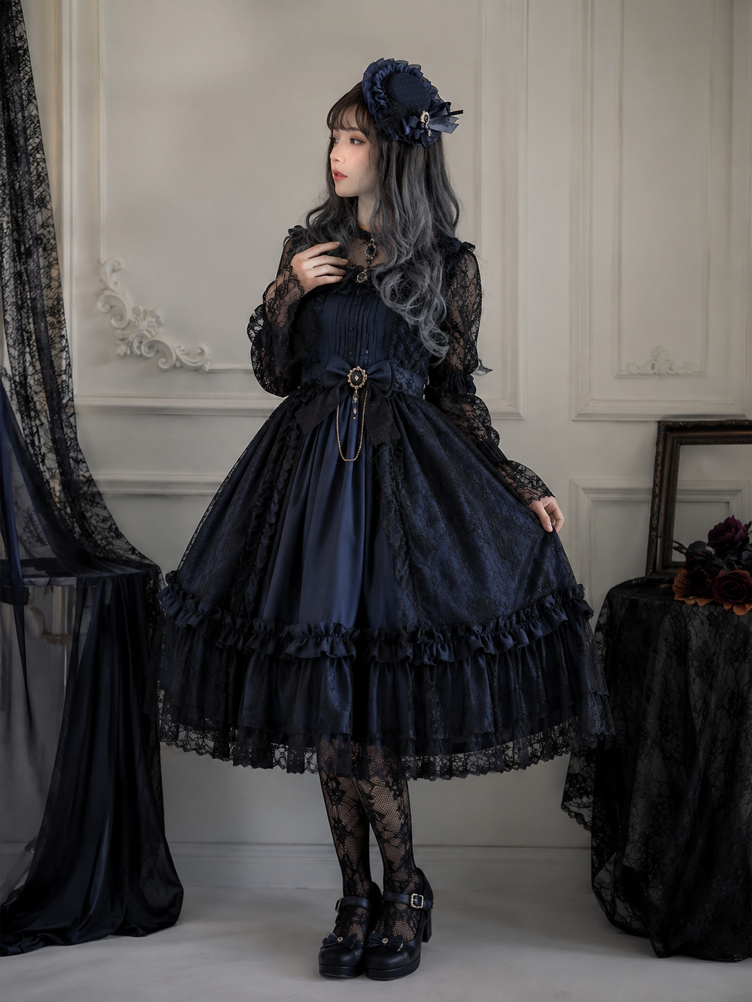 Navy Rose Gothic Lolita Headdress - model styling view for gothic navy rose Lolita outfit