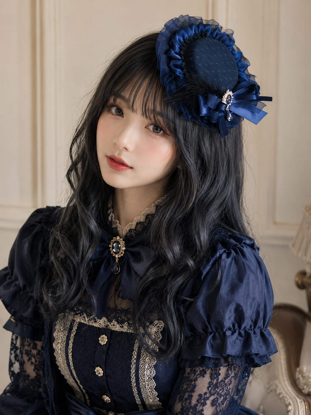 Navy Rose Gothic Lolita Headdress | Trim And Texture Close-Up | Aurora Lolita Navy Rose Gothic Lolita Headdress - trim and texture close-up for gothic navy rose Lolita outfit