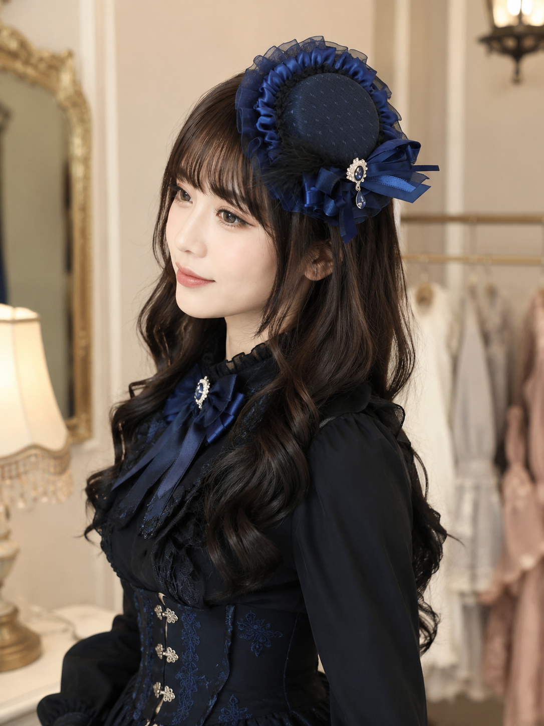 Navy Rose Gothic Lolita Headdress | Side Or Worn Angle | Aurora Lolita Navy Rose Gothic Lolita Headdress - side or worn angle for gothic navy rose Lolita outfit