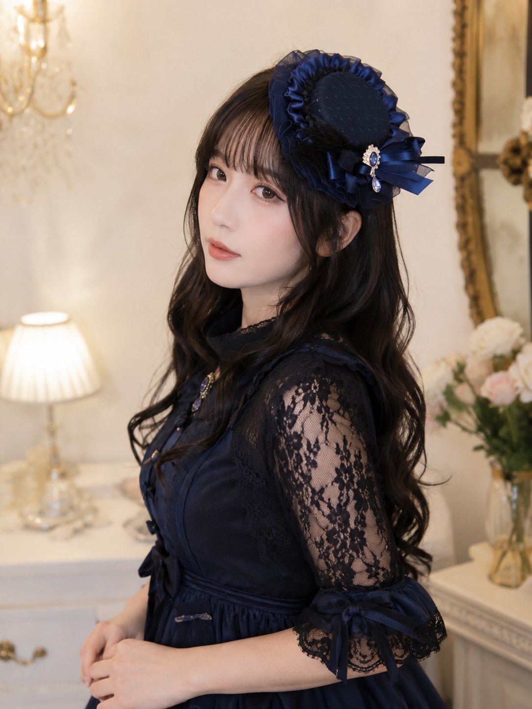 Navy Rose Gothic Lolita Headdress | Main Product View | Aurora Lolita Navy Rose Gothic Lolita Headdress - main product view for gothic navy rose Lolita outfit