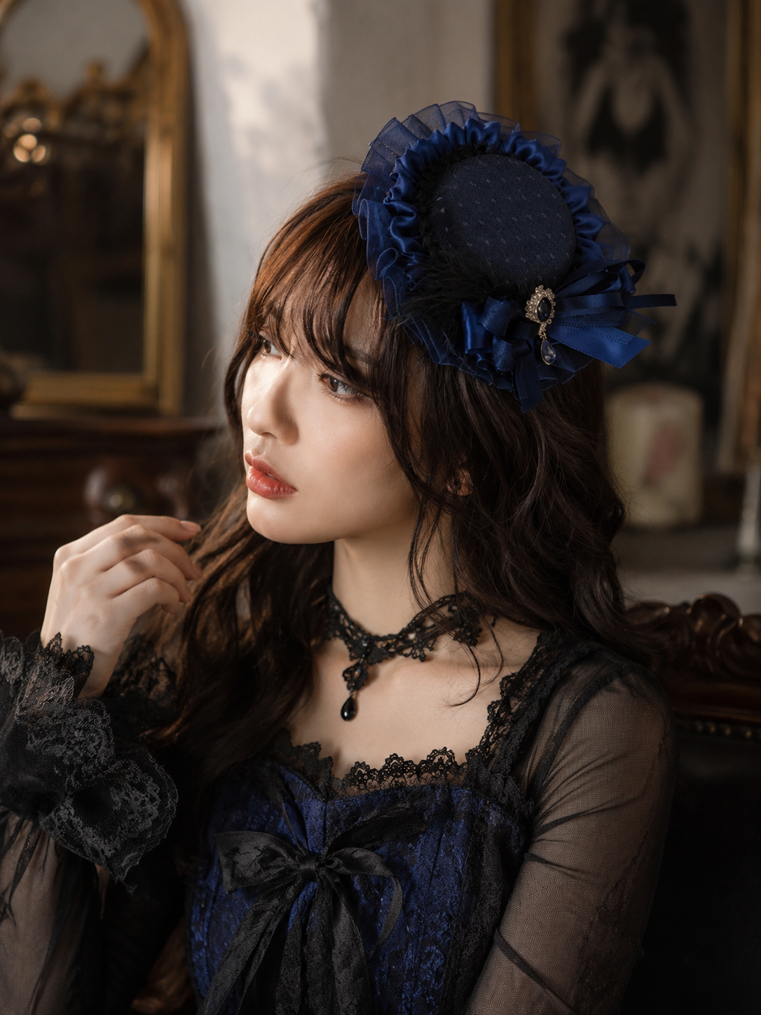 Navy Rose Gothic Lolita Headdress | Scale And Wearing Reference | Aurora Lolita Navy Rose Gothic Lolita Headdress - scale and wearing reference for gothic navy rose Lolita outfit