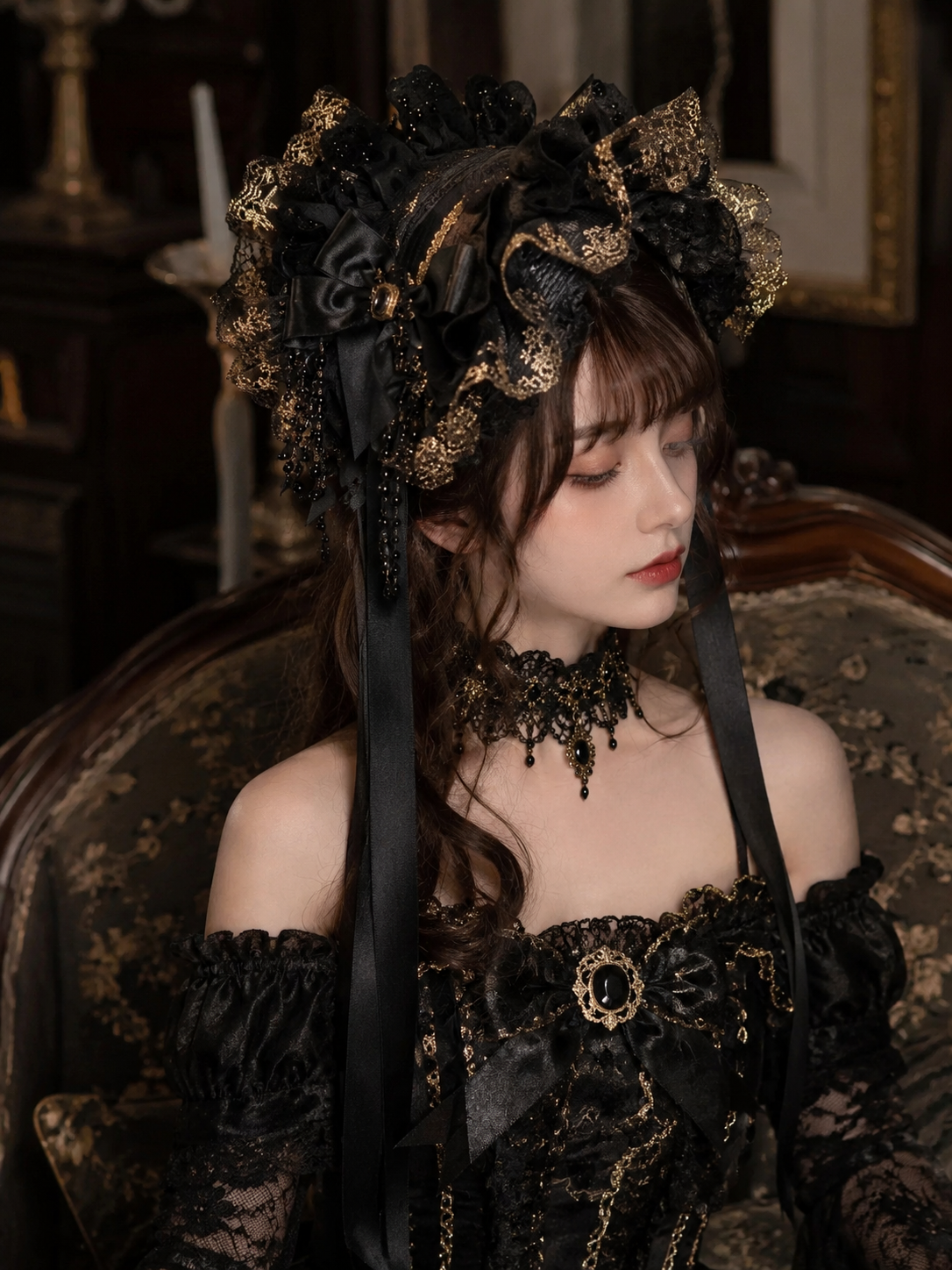 Black Rose Gothic Lolita Headdress with Veil - side or worn angle for gothic black rose veil Lolita outfit
