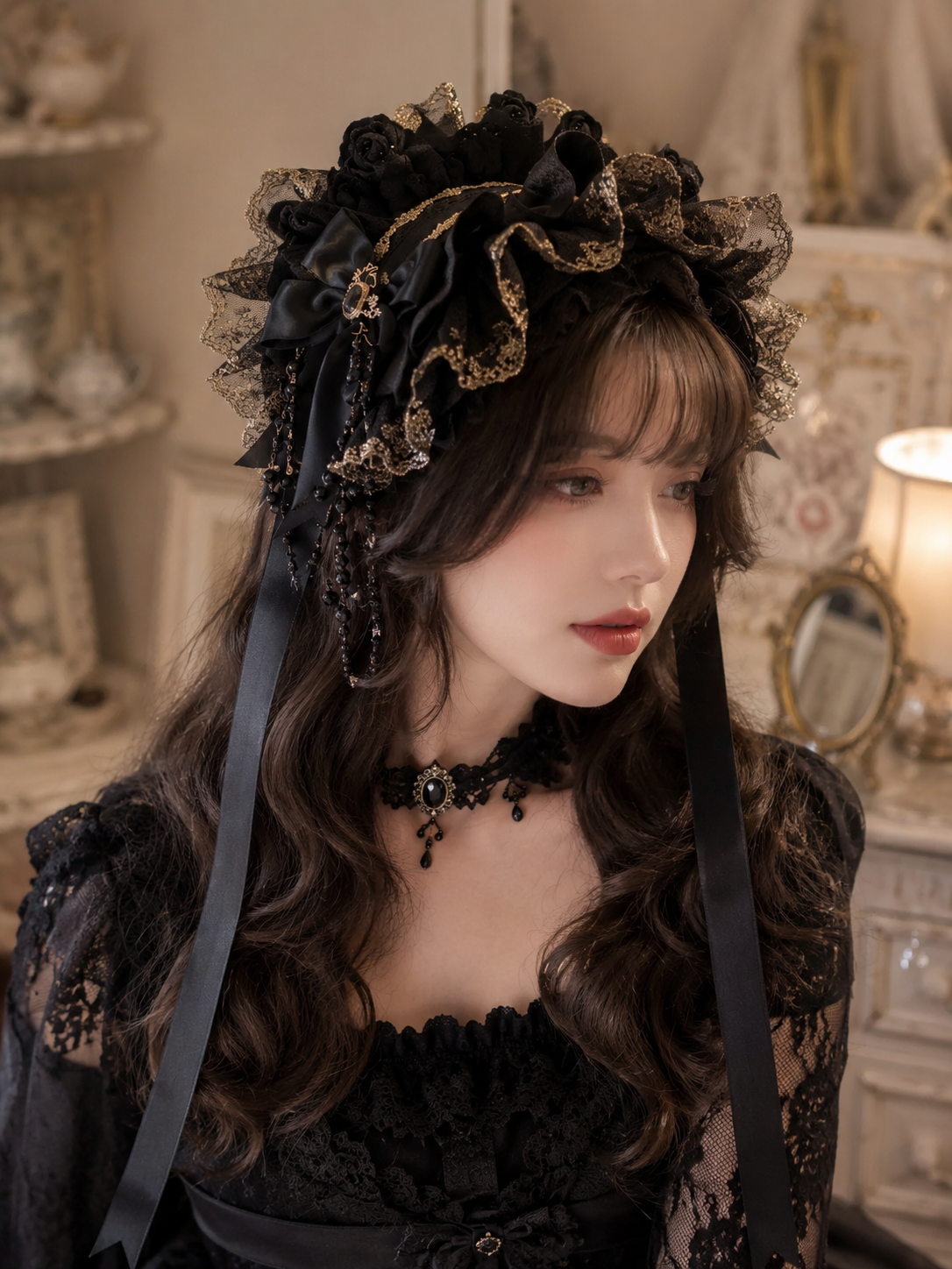 Black Rose Gothic Lolita Headdress with Veil | Back Or Silhouette View | Aurora Lolita Black Rose Gothic Lolita Headdress with Veil - back or silhouette view for gothic black rose veil Lolita outfit