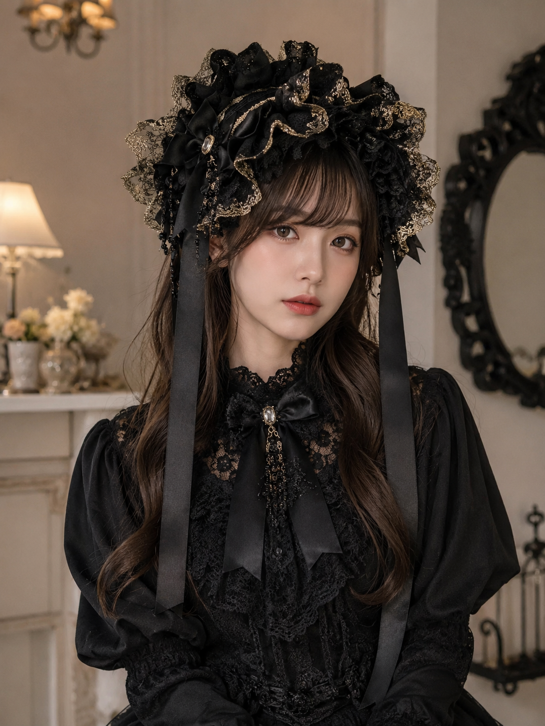 Black Rose Gothic Lolita Headdress with Veil | Coord Lifestyle View | Aurora Lolita Black Rose Gothic Lolita Headdress with Veil - coord lifestyle view for gothic black rose veil Lolita outfit