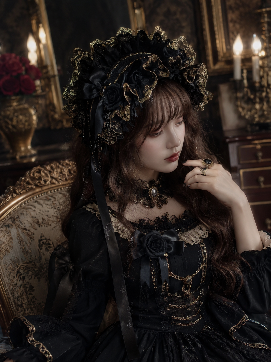Black Rose Gothic Lolita Headdress with Veil | Scale And Wearing Reference | Aurora Lolita Black Rose Gothic Lolita Headdress with Veil - scale and wearing reference for gothic black rose veil Lolita outfit