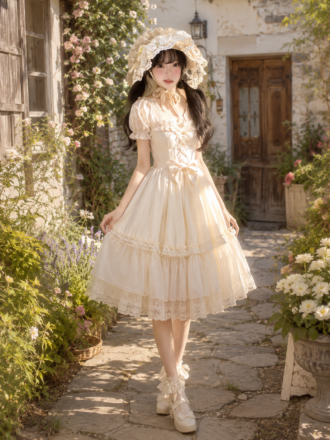 Ivory Lace Classic Lolita Bonnet | Front Detail View | Aurora Lolita Ivory Lace Classic Lolita Bonnet - front detail view for classic ivory lace bonnet Lolita outfit