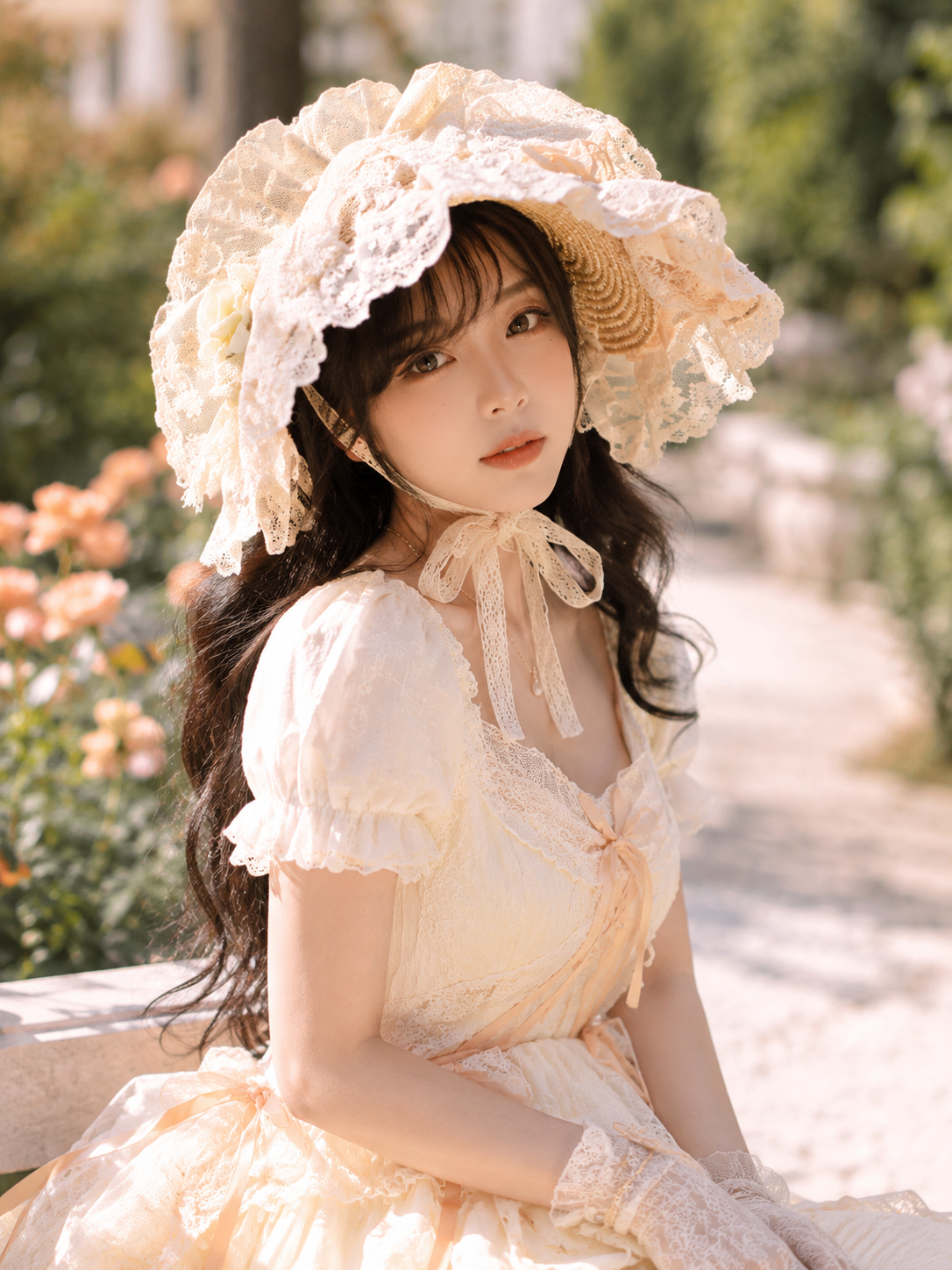 Ivory Lace Classic Lolita Bonnet | Main Product View | Aurora Lolita Ivory Lace Classic Lolita Bonnet - main product view for classic ivory lace bonnet Lolita outfit