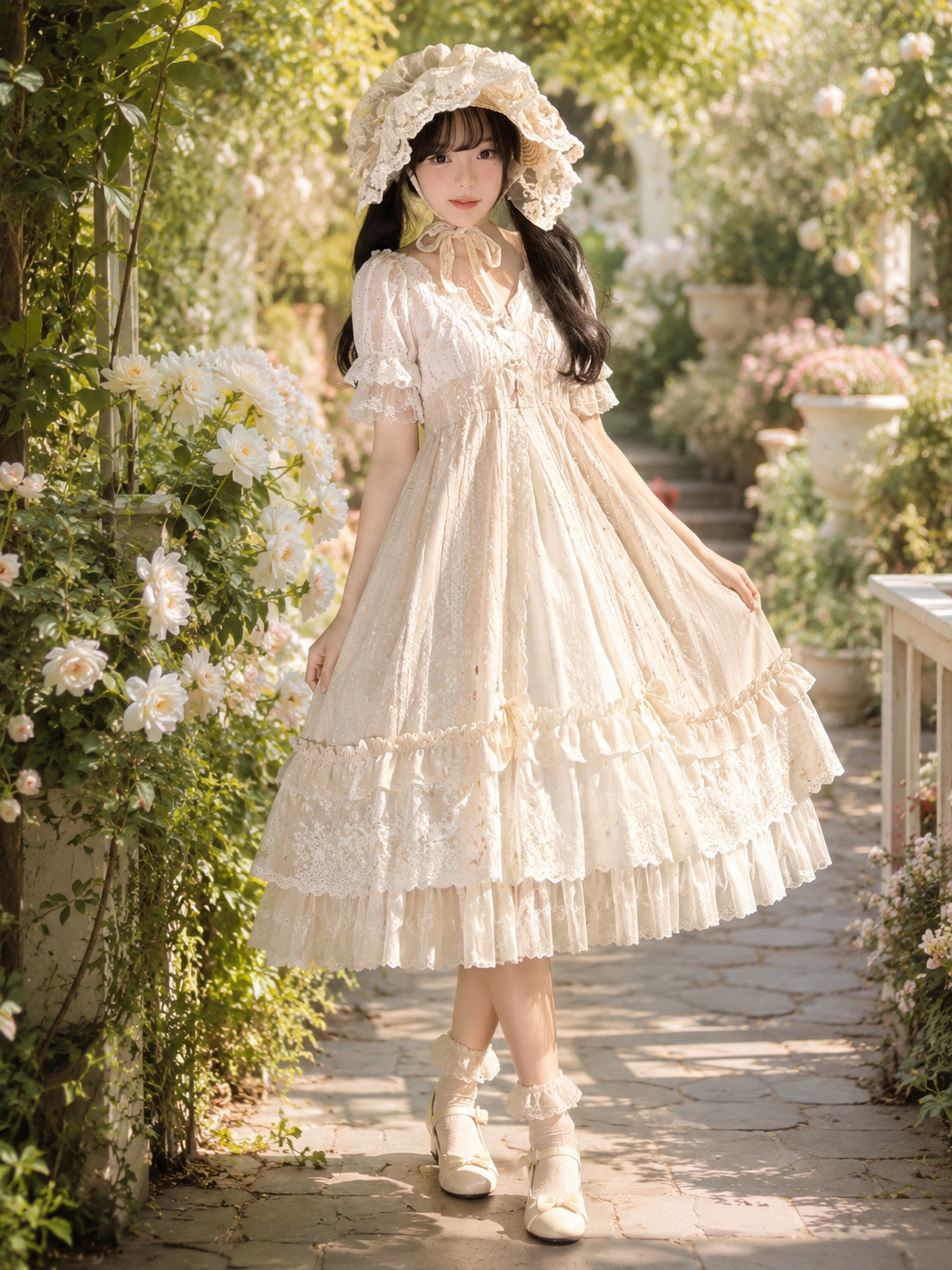 Ivory Lace Classic Lolita Bonnet | Coord Lifestyle View | Aurora Lolita Ivory Lace Classic Lolita Bonnet - coord lifestyle view for classic ivory lace bonnet Lolita outfit