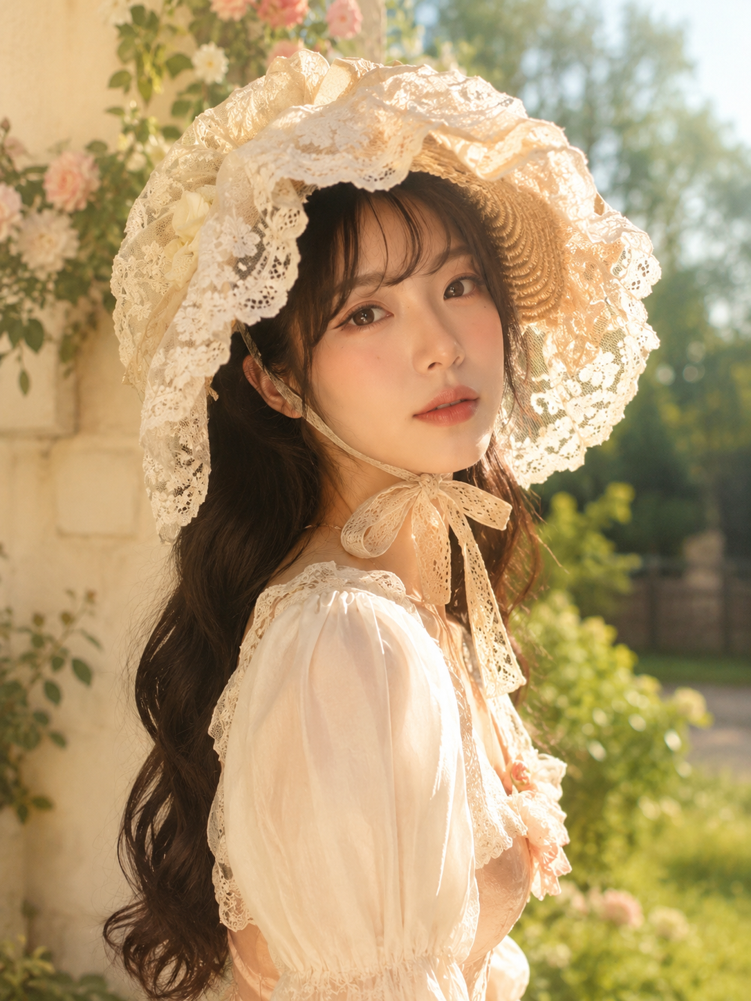 Ivory Lace Classic Lolita Bonnet | Side Or Worn Angle | Aurora Lolita Ivory Lace Classic Lolita Bonnet - side or worn angle for classic ivory lace bonnet Lolita outfit