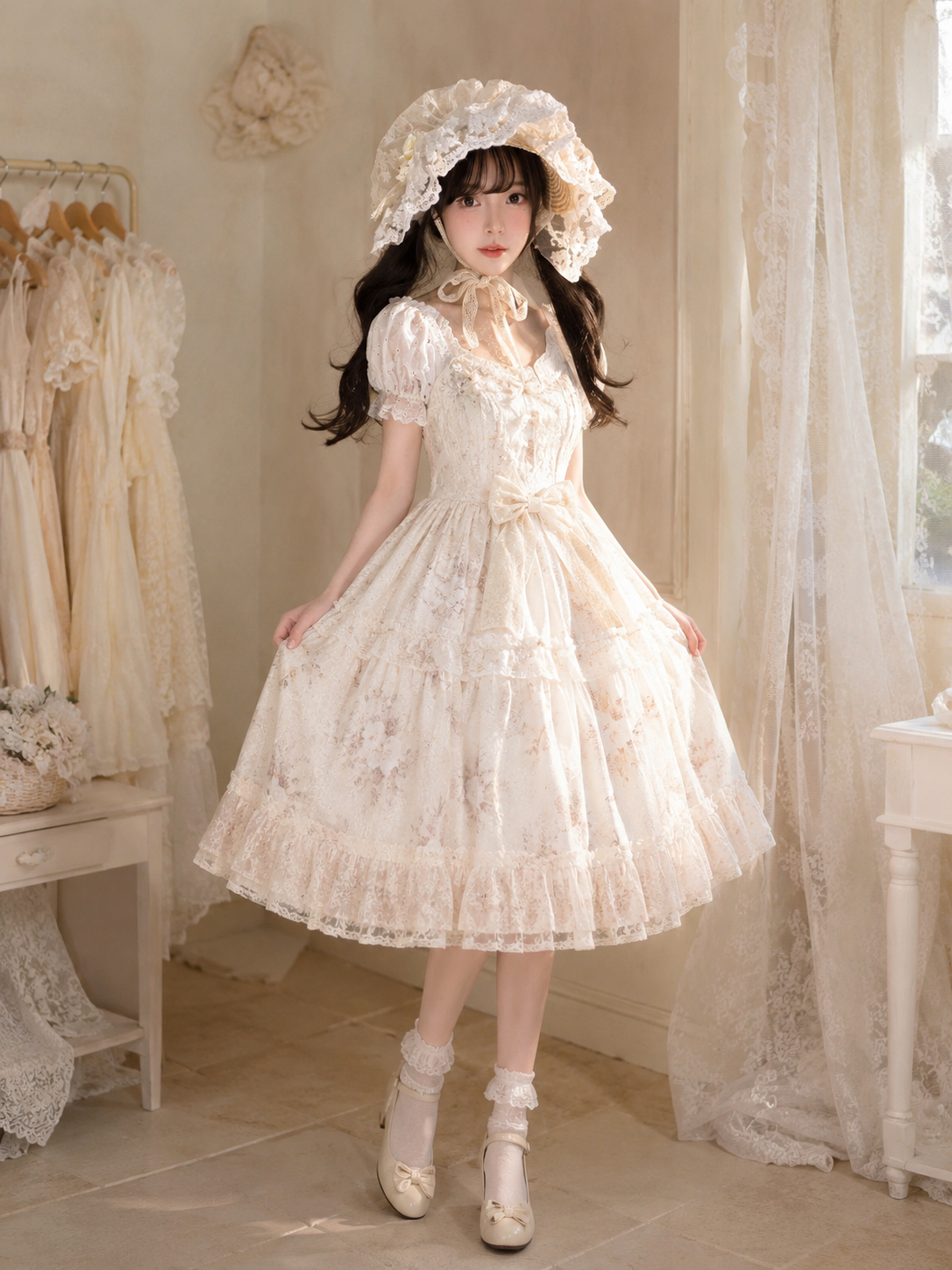 Ivory Lace Classic Lolita Bonnet | Trim And Texture Close-Up | Aurora Lolita Ivory Lace Classic Lolita Bonnet - trim and texture close-up for classic ivory lace bonnet Lolita outfit