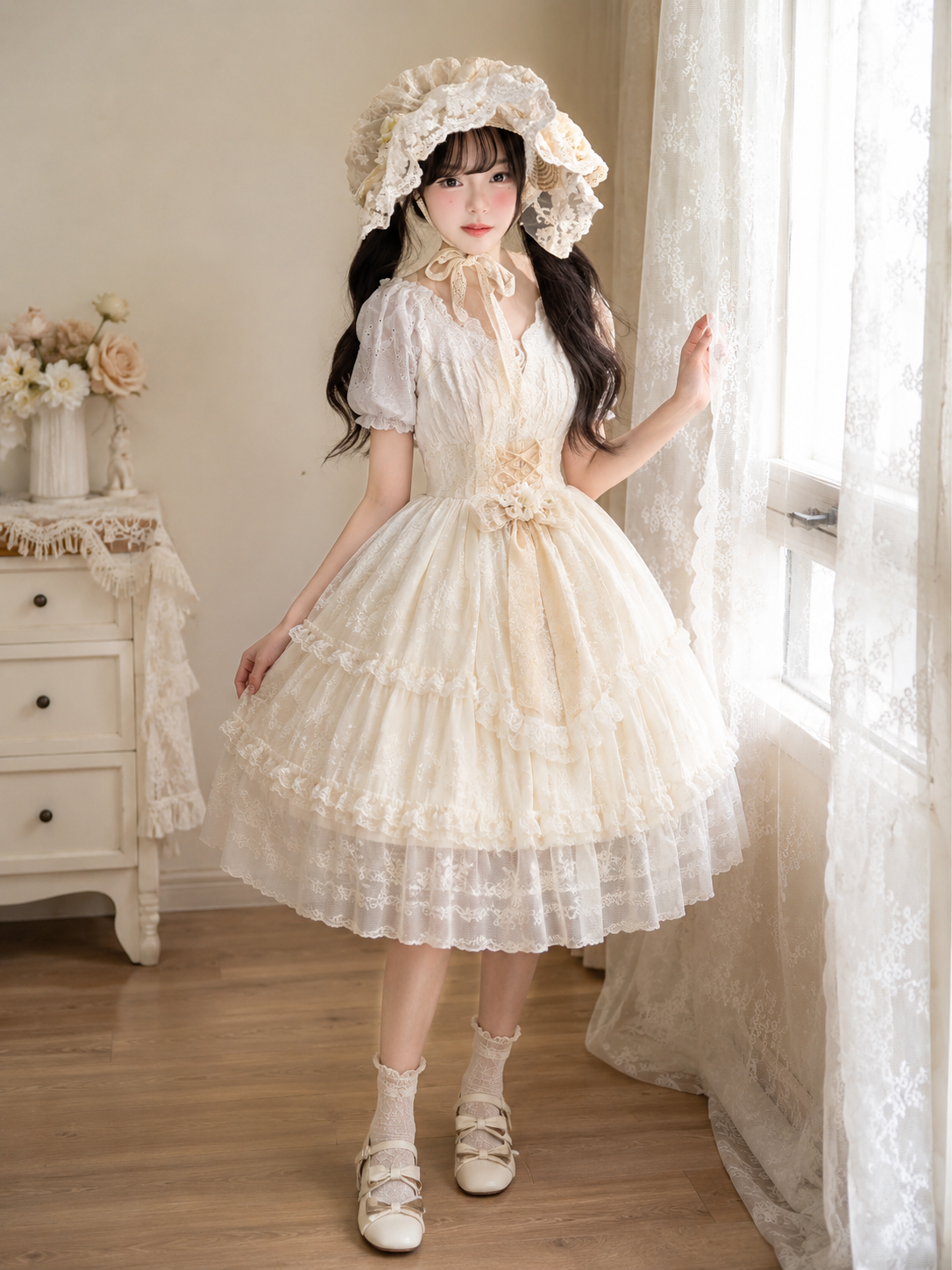 Ivory Lace Classic Lolita Bonnet | Back Or Silhouette View | Aurora Lolita Ivory Lace Classic Lolita Bonnet - back or silhouette view for classic ivory lace bonnet Lolita outfit