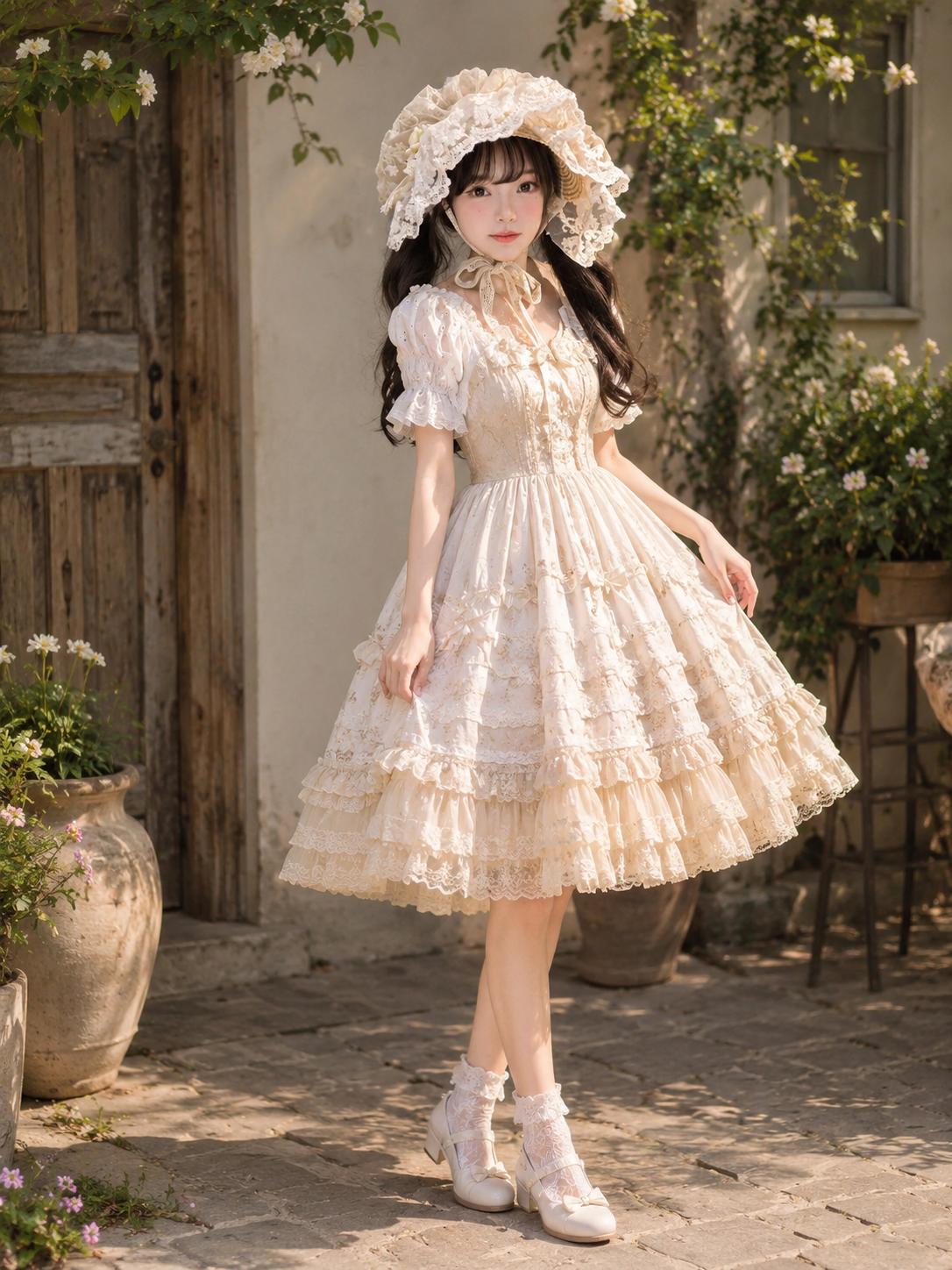 Ivory Lace Classic Lolita Bonnet | Additional Detail | Aurora Lolita Ivory Lace Classic Lolita Bonnet - additional detail for classic ivory lace bonnet Lolita outfit