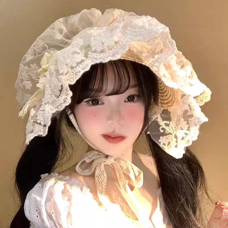 Ivory Lace Classic Lolita Bonnet | Scale And Wearing Reference | Aurora Lolita Ivory Lace Classic Lolita Bonnet - scale and wearing reference for classic ivory lace bonnet Lolita outfit