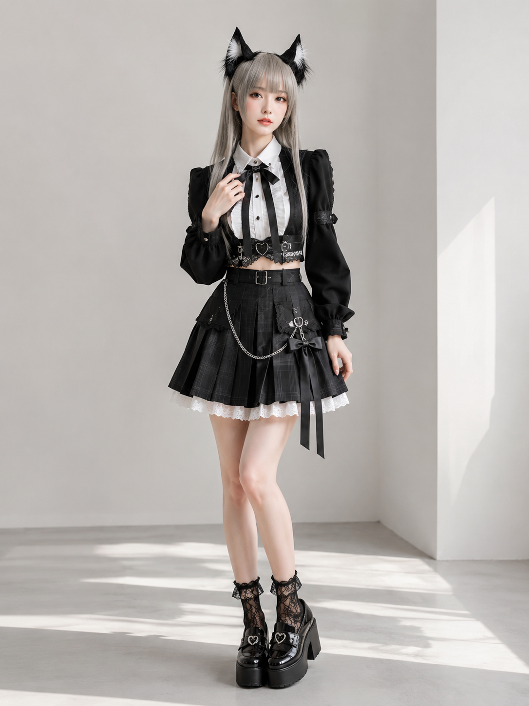Black Cat Ear Maid Lolita Headdress - model styling view for gothic maid cat ear Lolita outfit