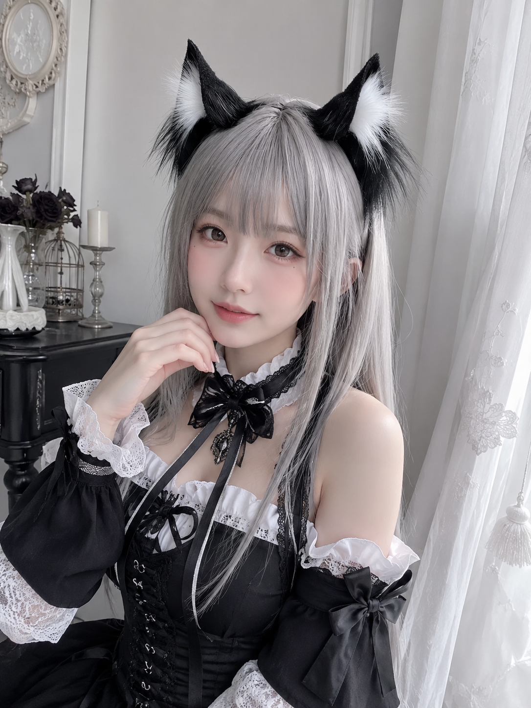 Black Cat Ear Maid Lolita Headdress | Trim And Texture Close-Up | Aurora Lolita Black Cat Ear Maid Lolita Headdress - trim and texture close-up for gothic maid cat ear Lolita outfit