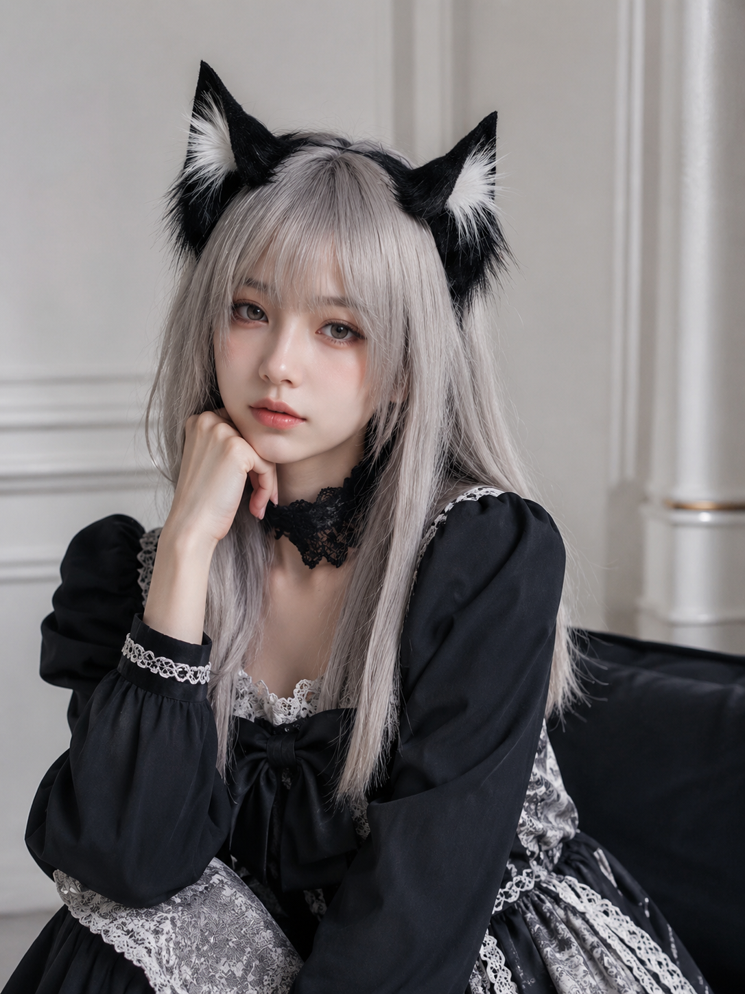 Black Cat Ear Maid Lolita Headdress | Side Or Worn Angle | Aurora Lolita Black Cat Ear Maid Lolita Headdress - side or worn angle for gothic maid cat ear Lolita outfit