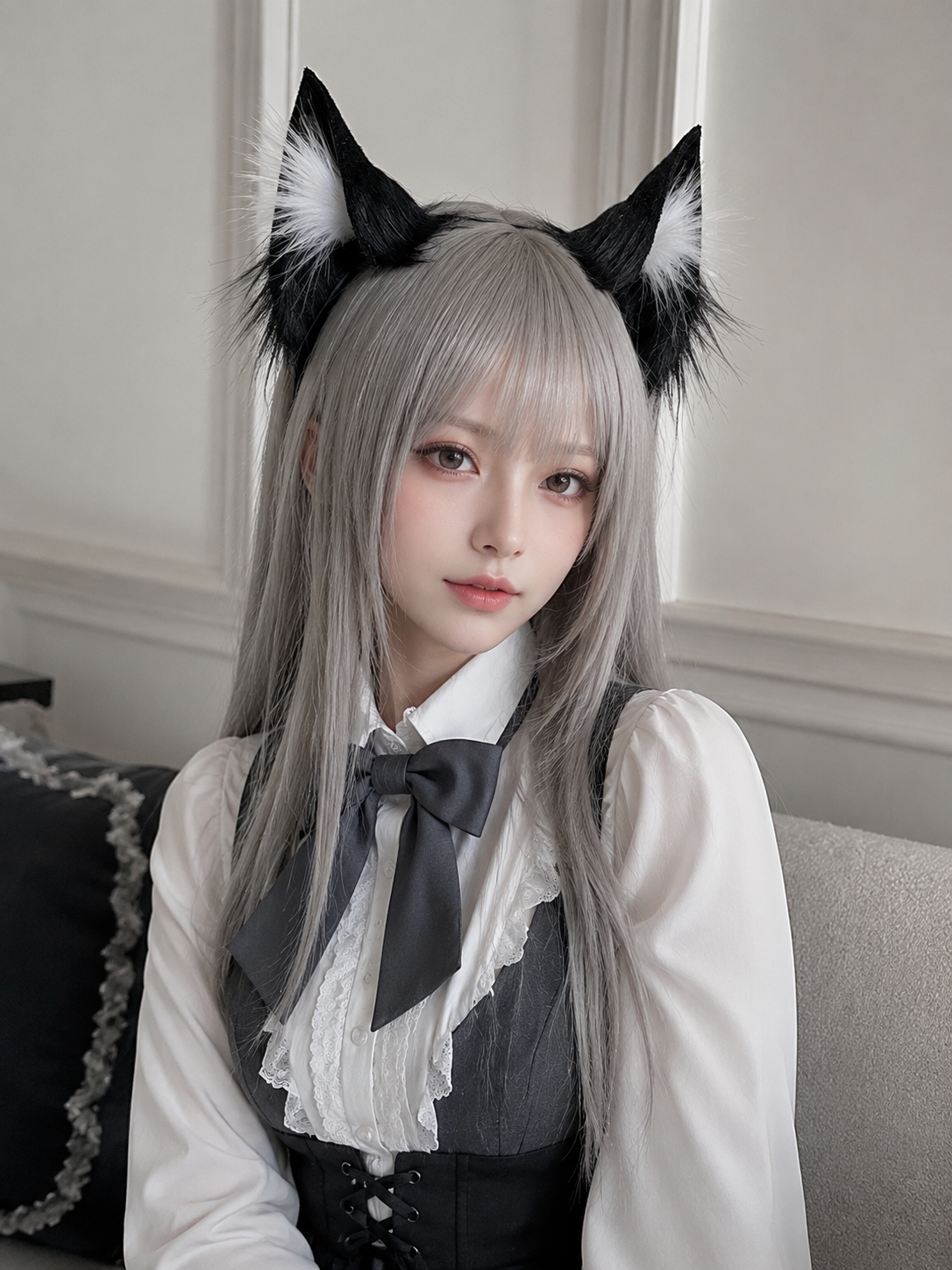 Black Cat Ear Maid Lolita Headdress | Coord Lifestyle View | Aurora Lolita Black Cat Ear Maid Lolita Headdress - coord lifestyle view for gothic maid cat ear Lolita outfit