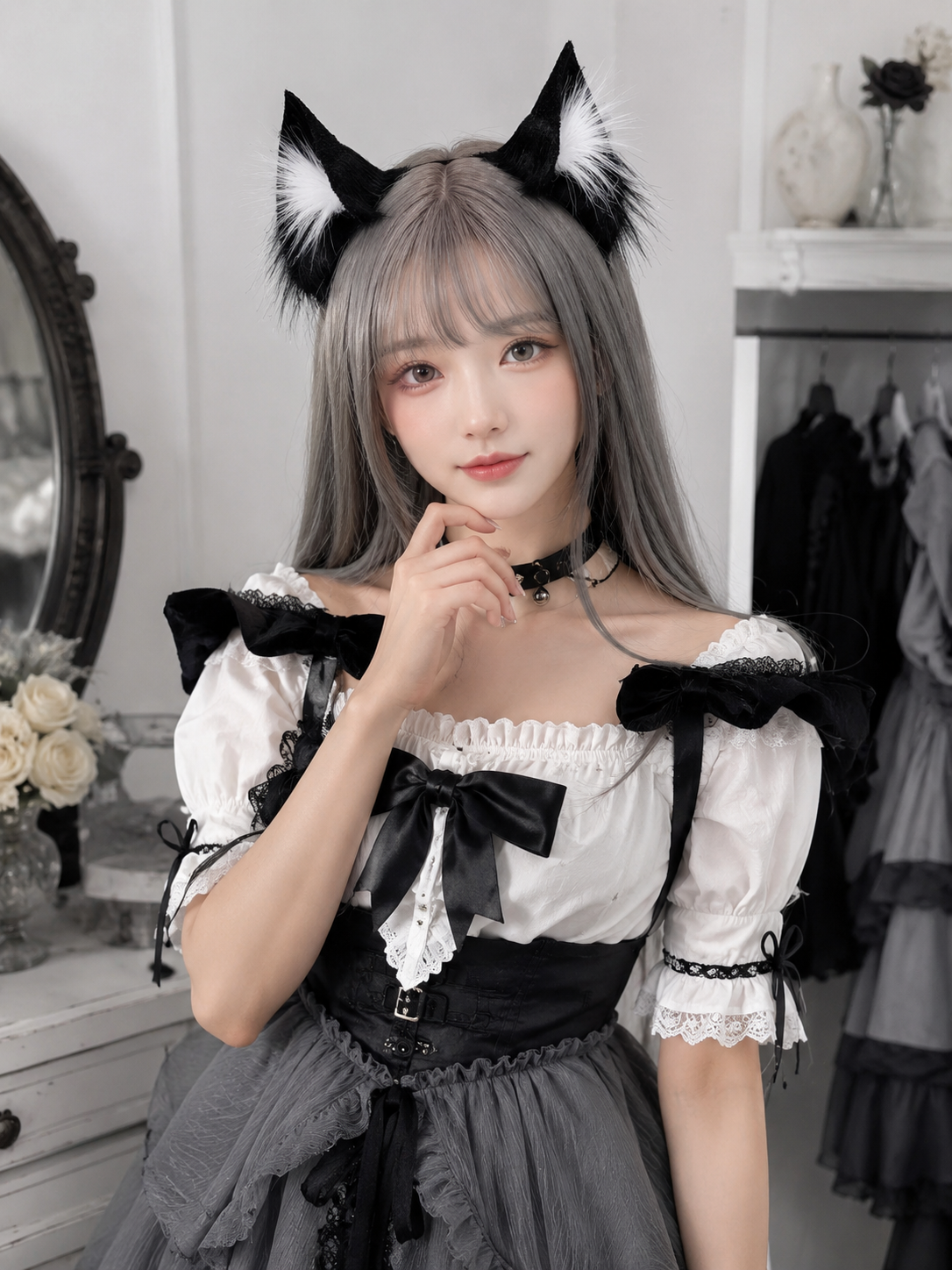Black Cat Ear Maid Lolita Headdress | Scale And Wearing Reference | Aurora Lolita Black Cat Ear Maid Lolita Headdress - scale and wearing reference for gothic maid cat ear Lolita outfit
